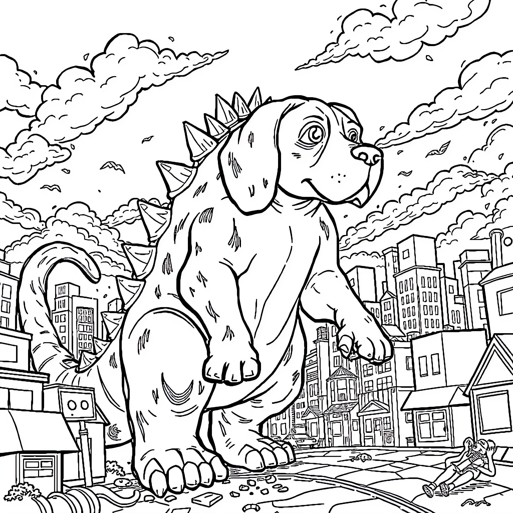 Beagle exploring the city skyline Coloring Page (free black-and-white line drawing printable PDF for all, from beginners to advanced learners, including children, teens, adults, and seniors)