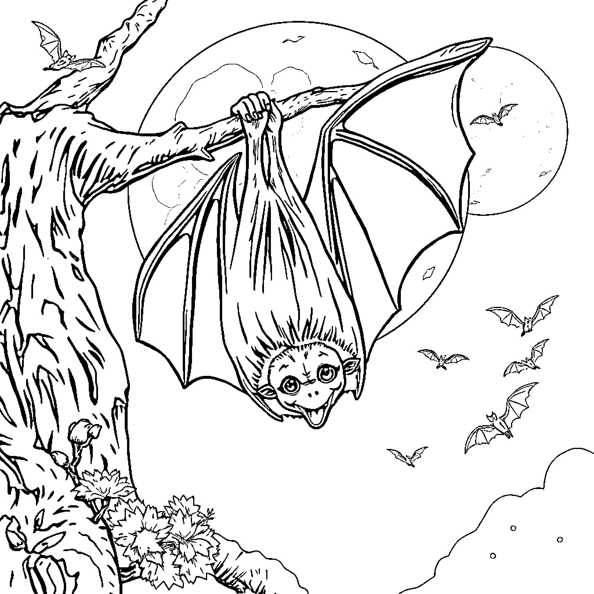 Bat Hanging Upside Down in Moonlit Forest Coloring Page (free black-and-white line drawing printable PDF for all, from beginners to advanced learners, including children, teens, adults, and seniors)
