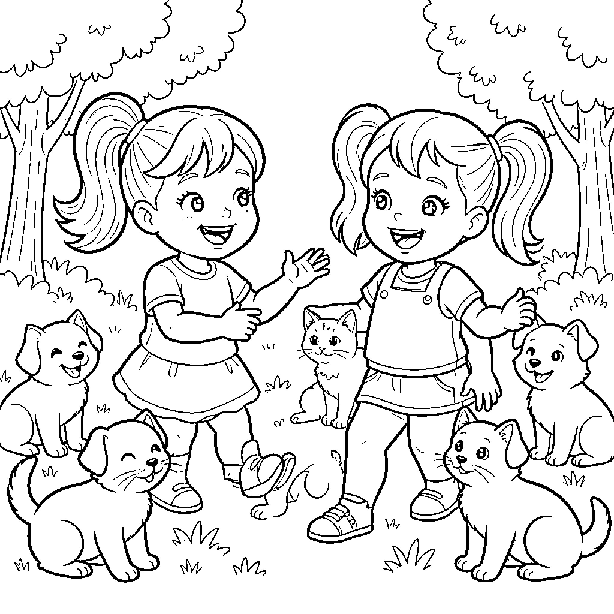 Nina playing with puppies and kittens in the park Coloring Page (free black-and-white line drawing printable PDF for all, from beginners to advanced learners, including children, teens, adults, and seniors)