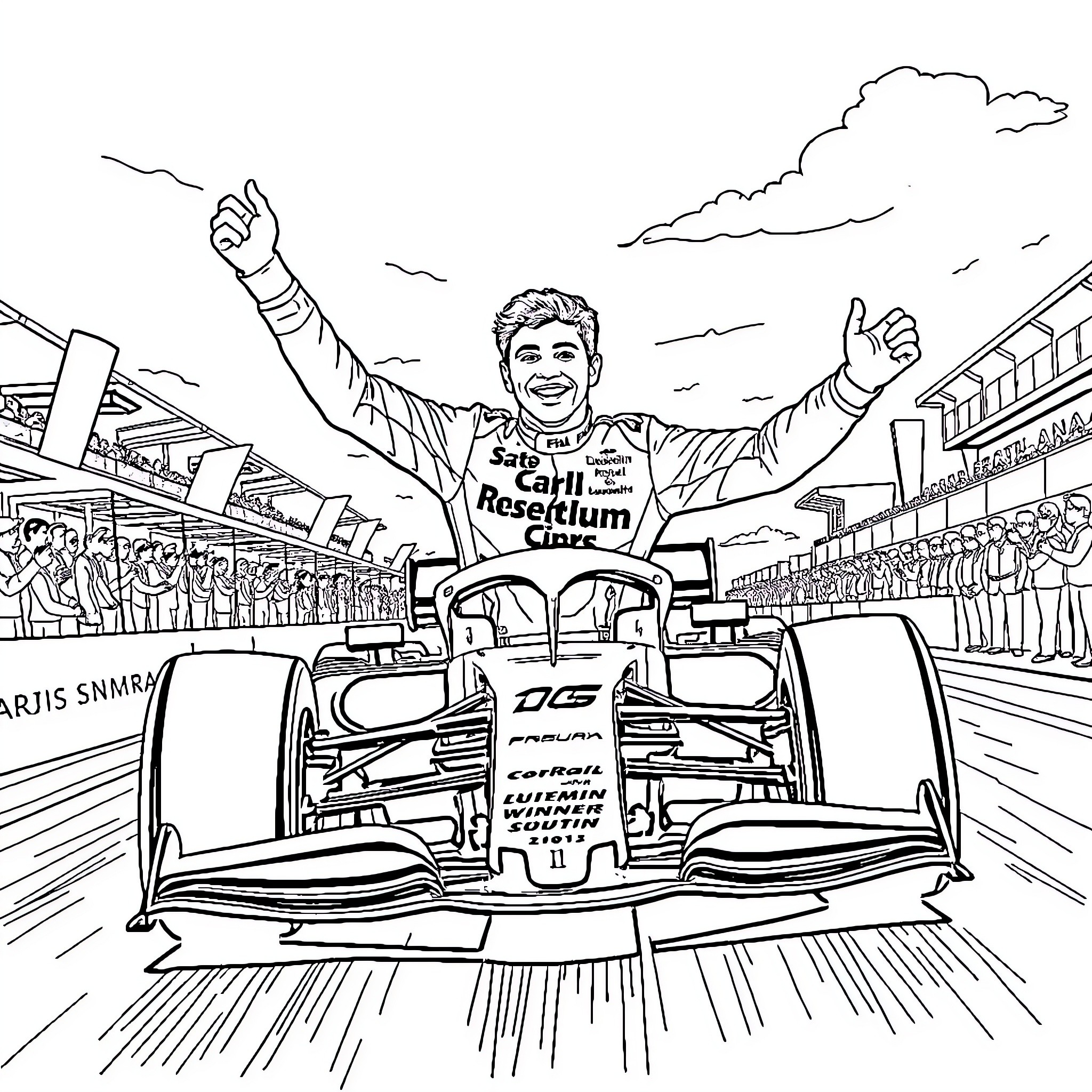 Charles Leclerc celebrating victory in Formula 1 race Coloring Page (free black-and-white line drawing printable PDF for all, from beginners to advanced learners, including children, teens, adults, and seniors)