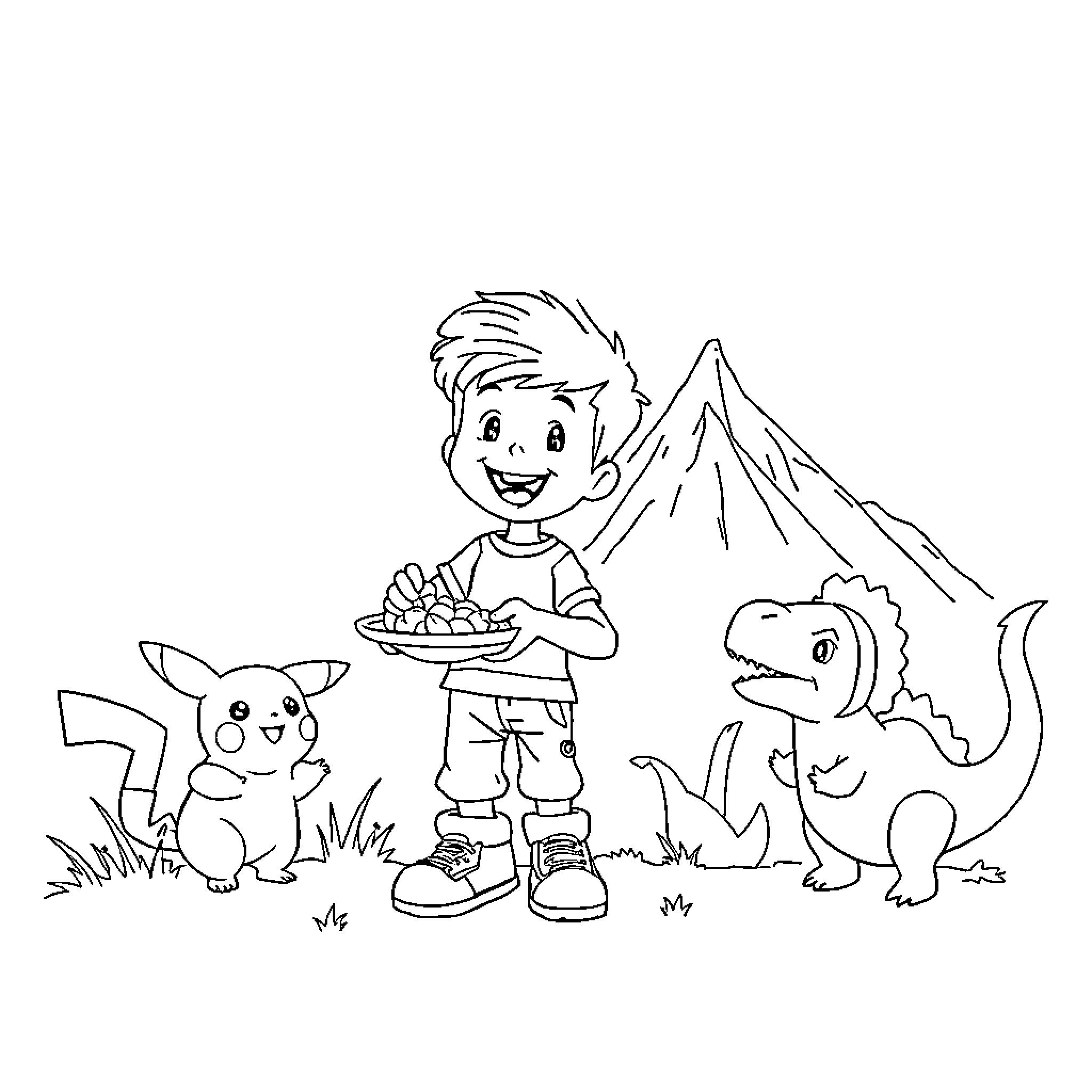 Boy enjoying adventure with pets in nature Coloring Page (free black-and-white line drawing printable PDF for all, from beginners to advanced learners, including children, teens, adults, and seniors)
