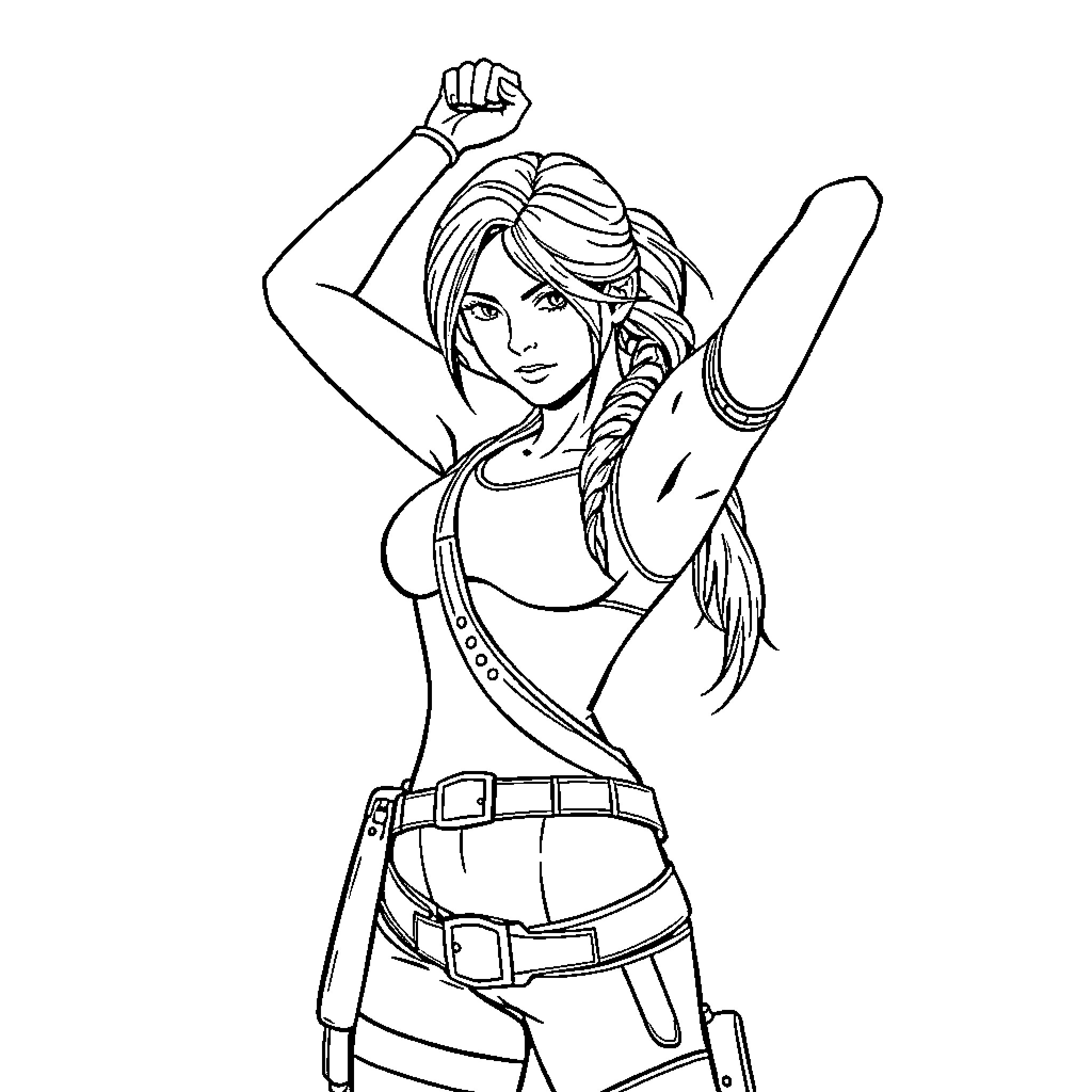 Lara Croft in action hero pose Coloring Page (free black-and-white line drawing printable PDF for all, from beginners to advanced learners, including children, teens, adults, and seniors)