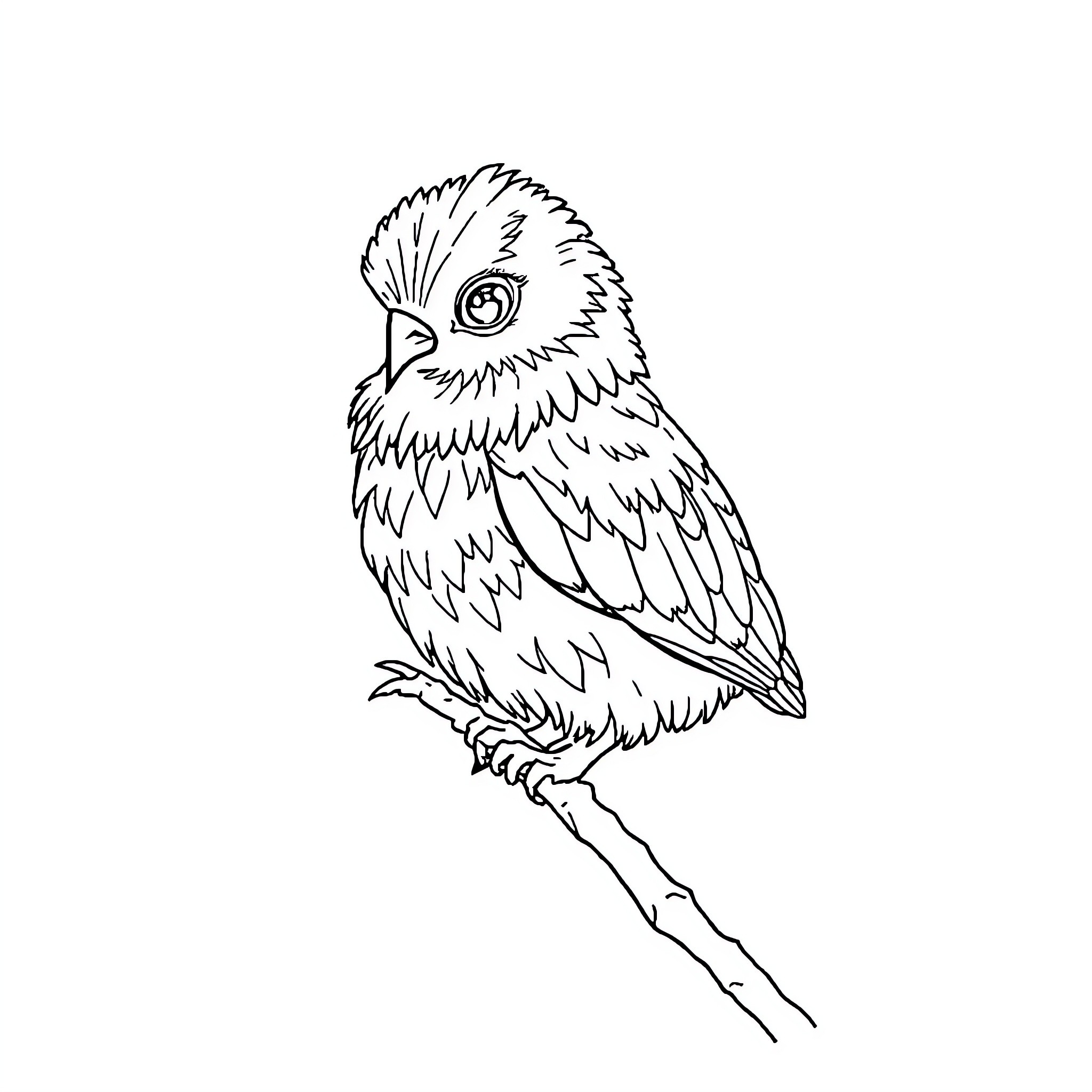 Unicorn owl perched on a branch Coloring Page (free black-and-white line drawing printable PDF for all, from beginners to advanced learners, including children, teens, adults, and seniors)