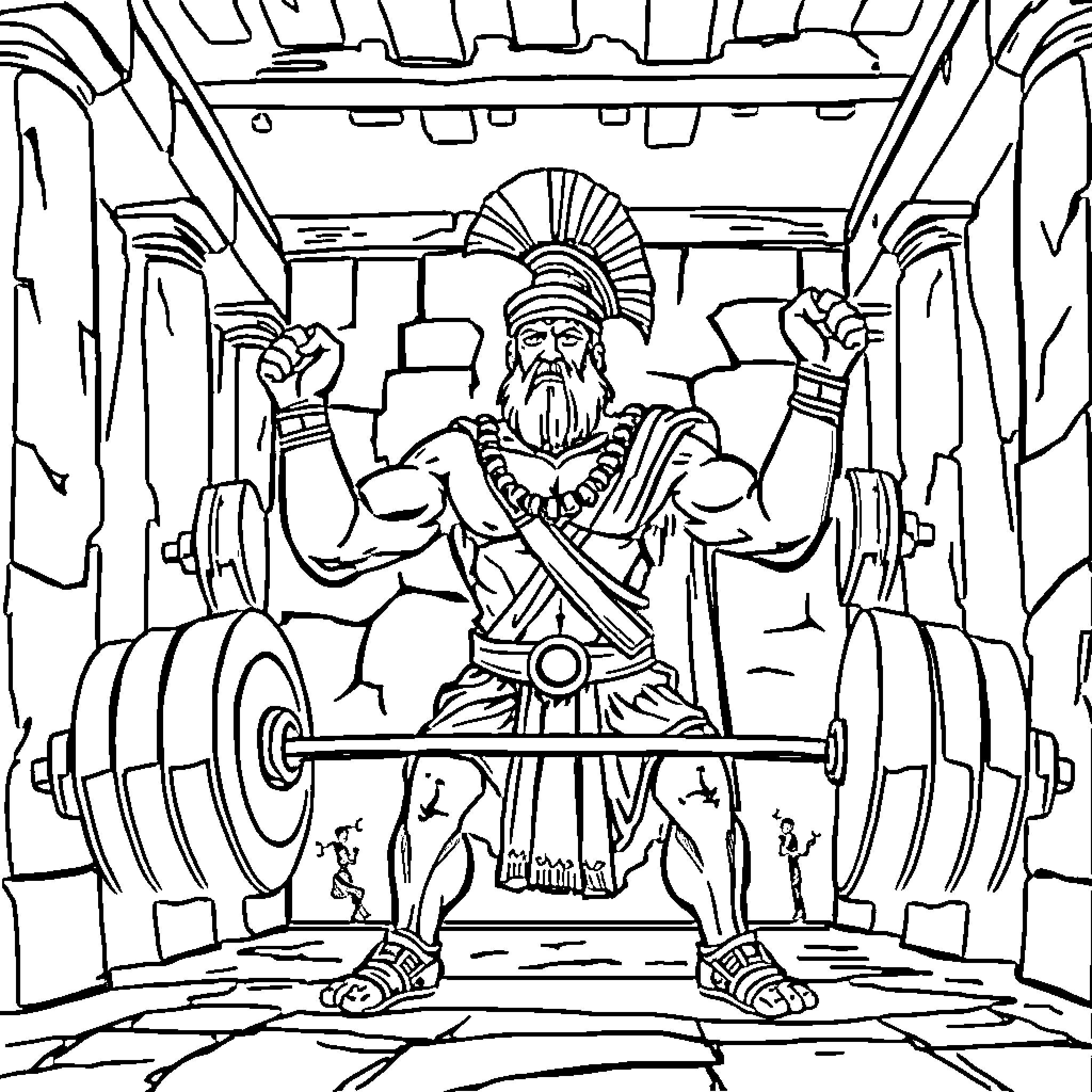 Gladiator lifting heavy weights in ancient arena Coloring Page (free black-and-white line drawing printable PDF for all, from beginners to advanced learners, including children, teens, adults, and seniors)