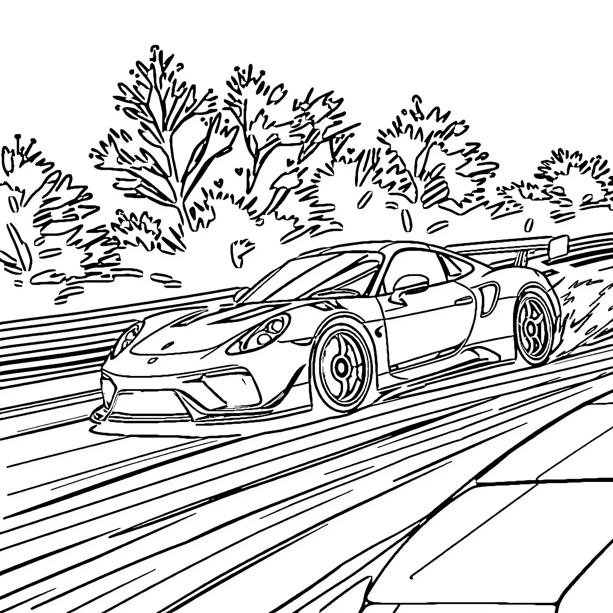 Race Car Speeding Through Winding Road Coloring Page (free black-and-white line drawing printable PDF for all, from beginners to advanced learners, including children, teens, adults, and seniors)