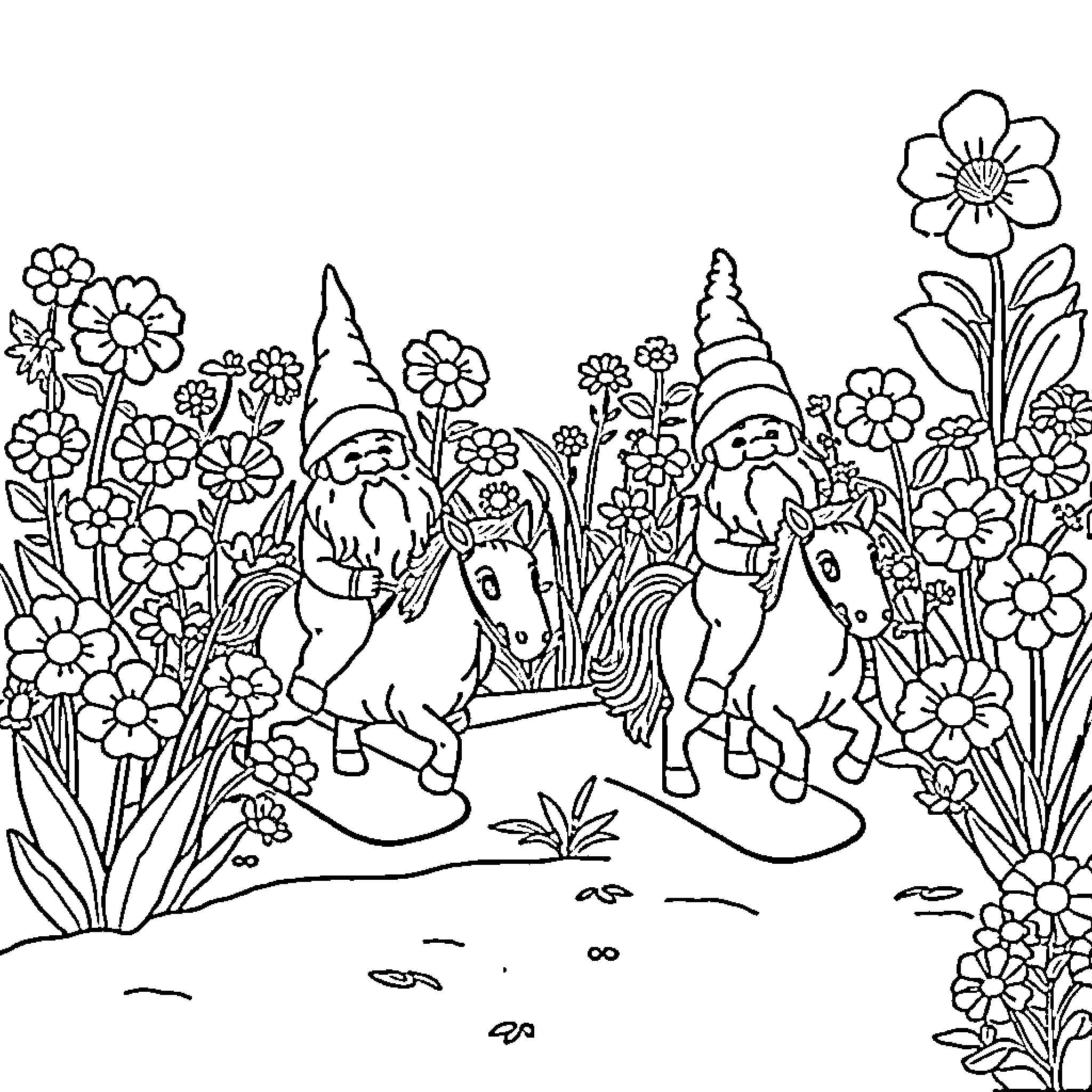 Flower Gnomes Riding Unicorns in Vibrant Garden Coloring Page (free black-and-white line drawing printable PDF for all, from beginners to advanced learners, including children, teens, adults, and seniors)