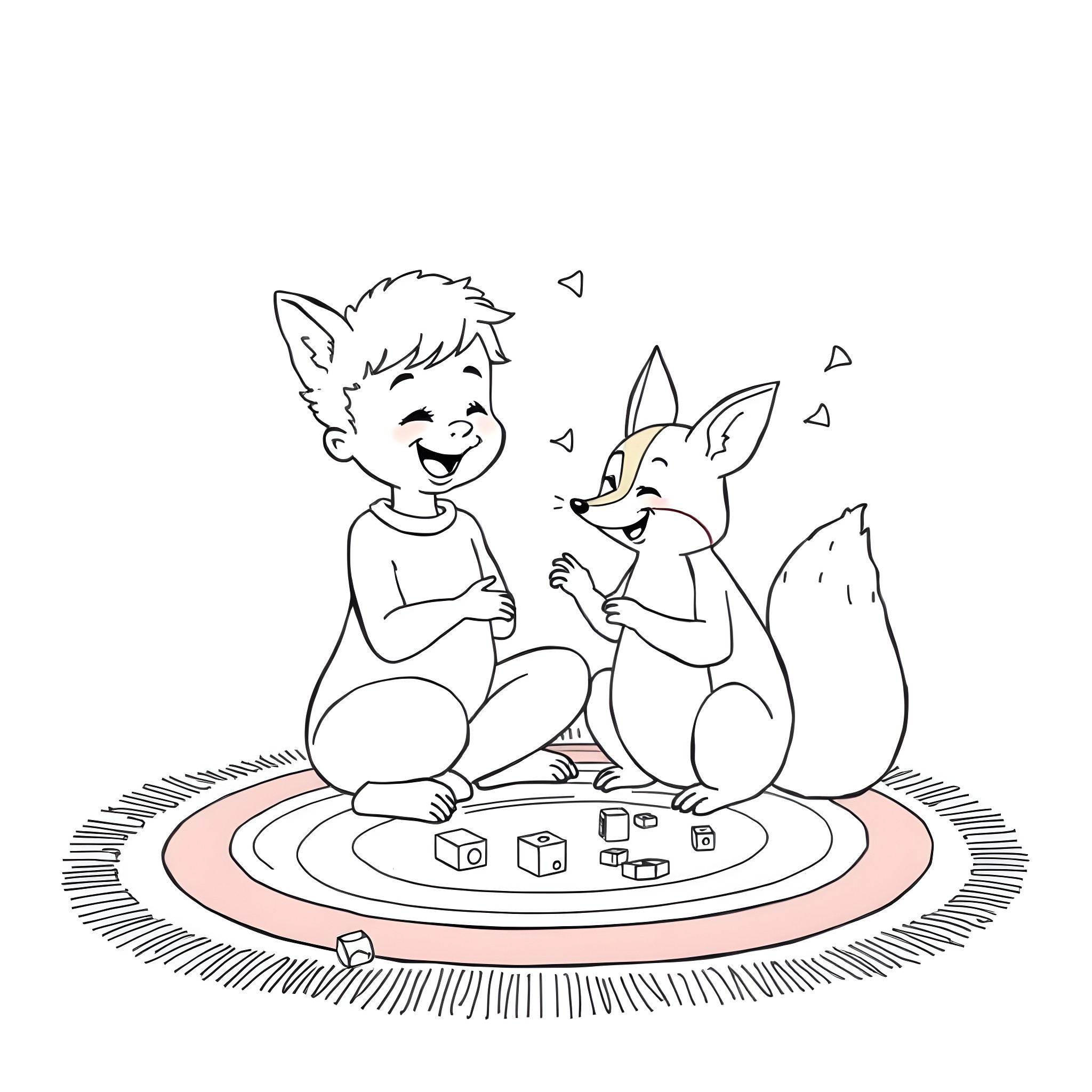 Gabby and her fox friend playing with toys Coloring Page (free black-and-white line drawing printable PDF for all, from beginners to advanced learners, including children, teens, adults, and seniors)