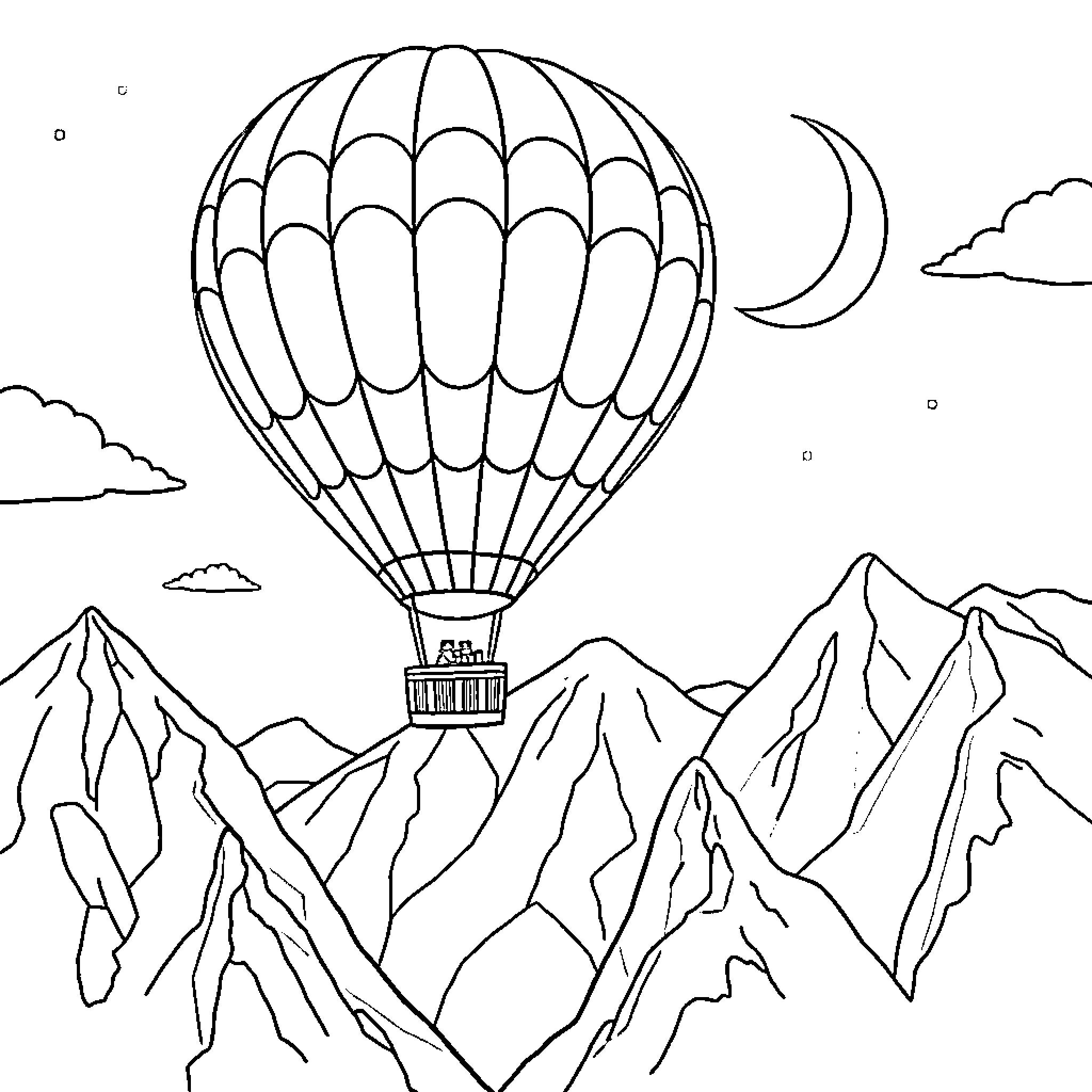 Hot Air Balloon Soaring Over Majestic Mountains Coloring Page (free black-and-white line drawing printable PDF for all, from beginners to advanced learners, including children, teens, adults, and seniors)