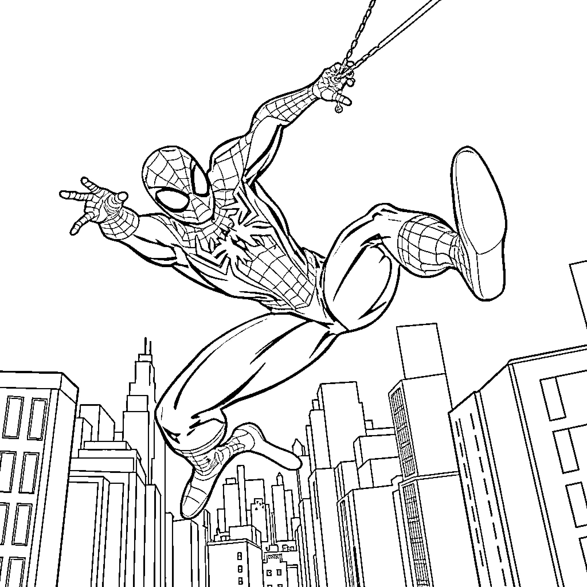 Spiderman swinging through the city skyline Coloring Page (free black-and-white line drawing printable PDF for all, from beginners to advanced learners, including children, teens, adults, and seniors)