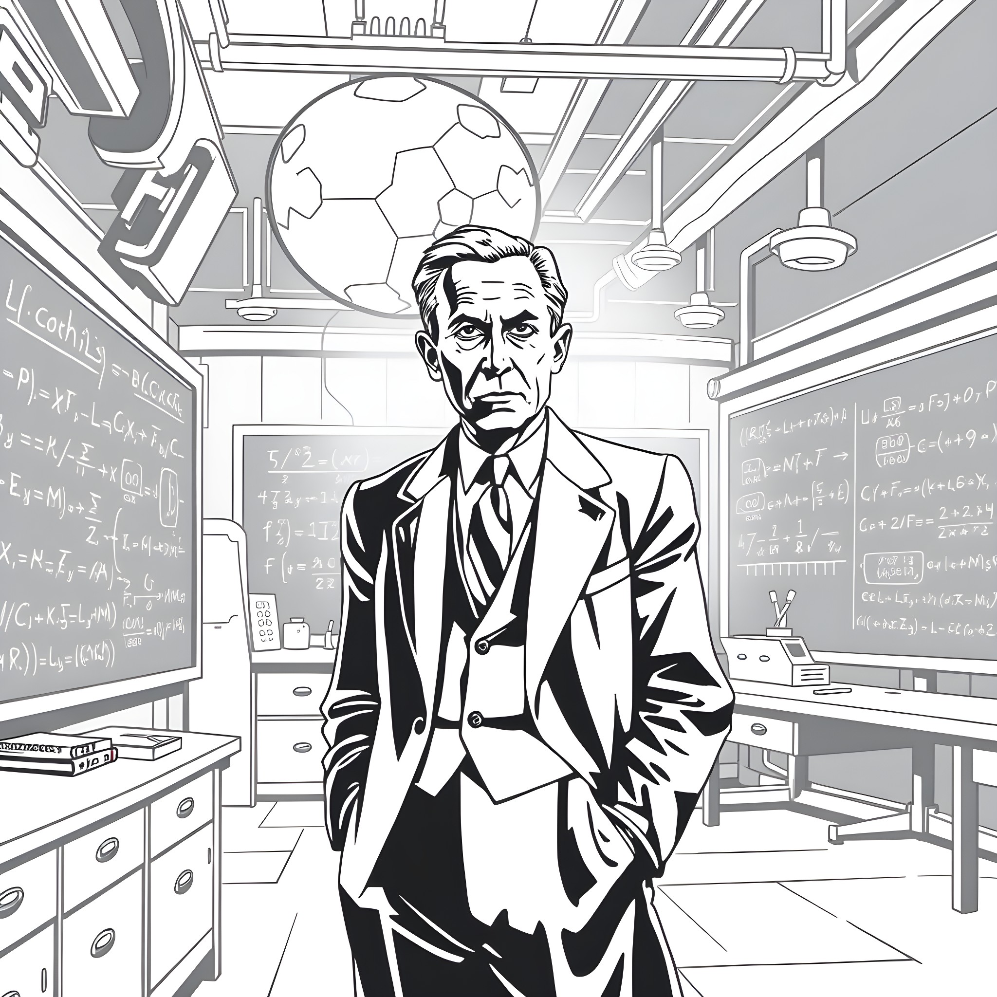 Robert Oppenheimer in a scientific classroom setting Coloring Page (free black-and-white line drawing printable PDF for all, from beginners to advanced learners, including children, teens, adults, and seniors)