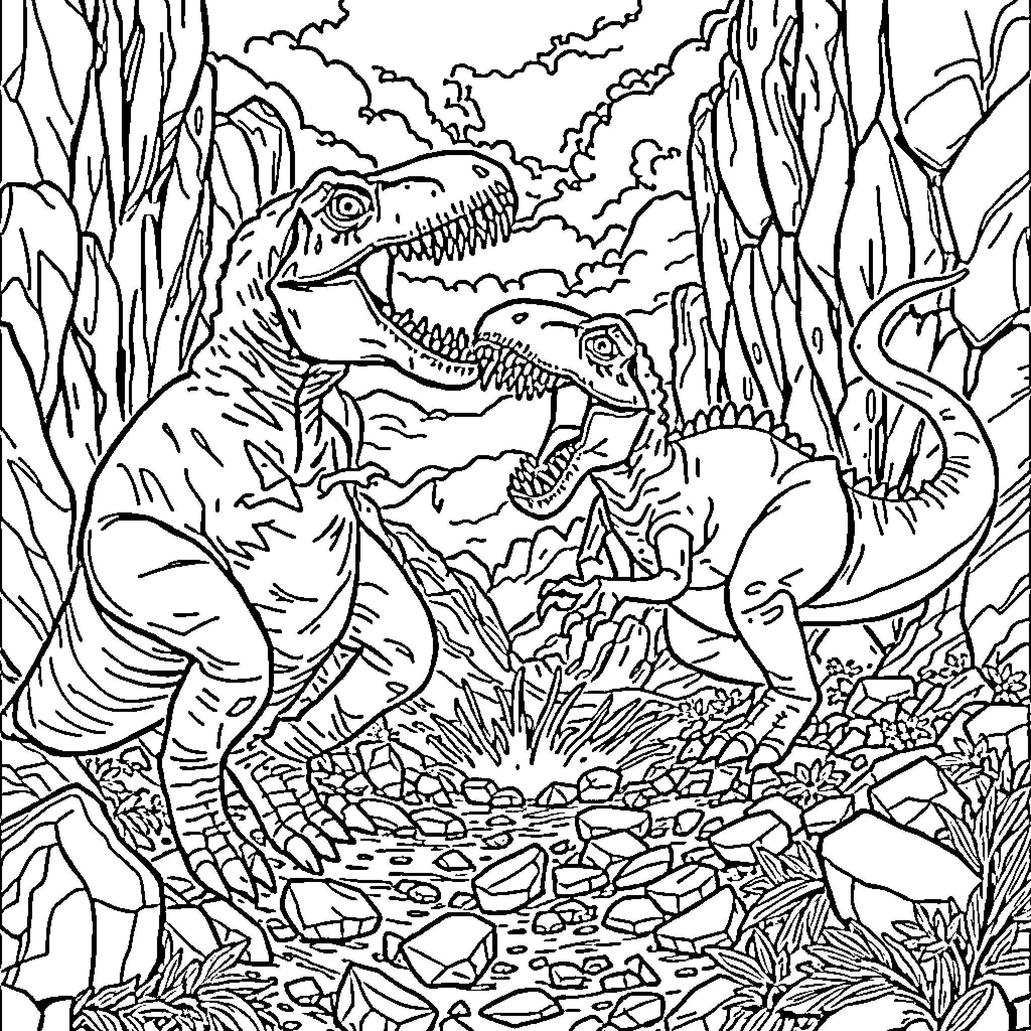 Dinosaur Hunting Prey in Prehistoric Wilderness Coloring Page (free black-and-white line drawing printable PDF for all, from beginners to advanced learners, including children, teens, adults, and seniors)