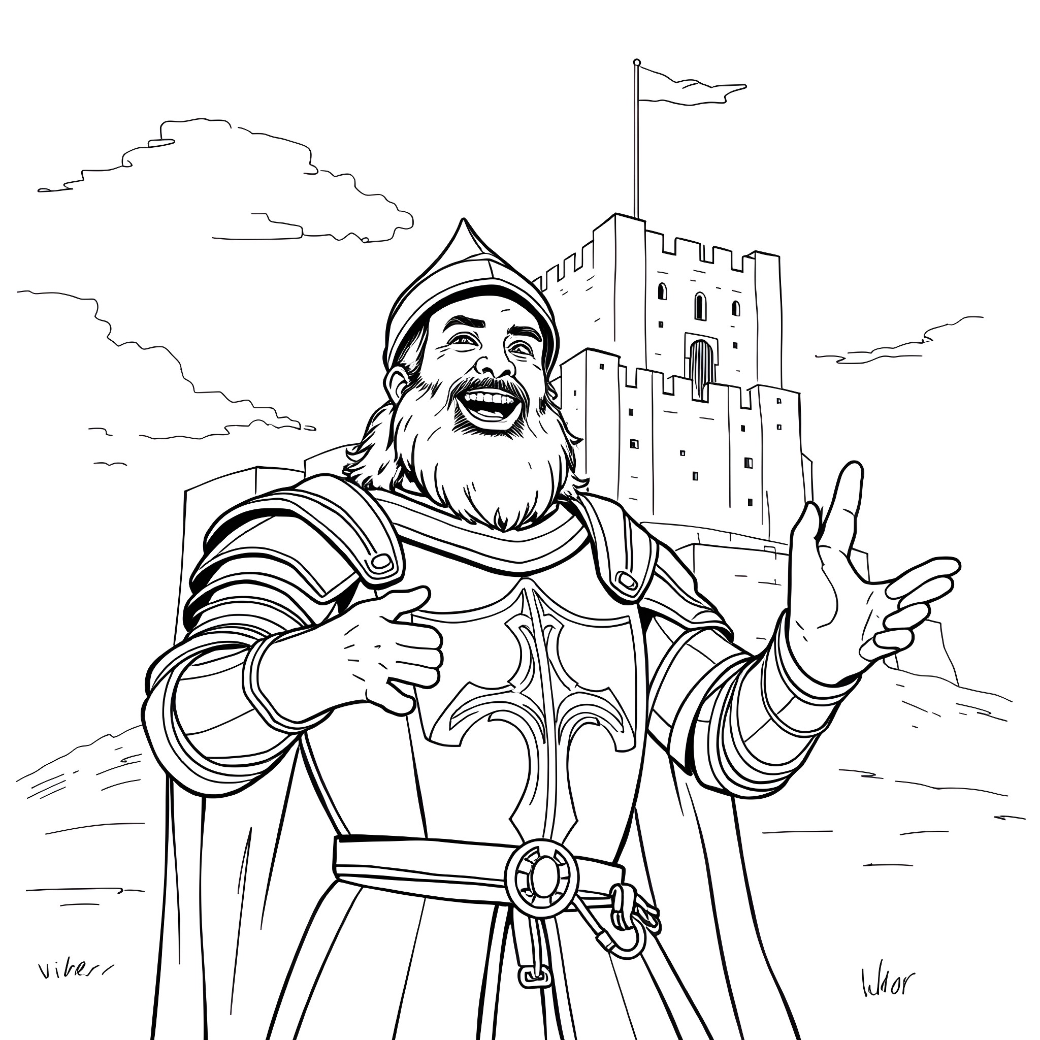 William the Brave Knight before the Castle Coloring Page (free black-and-white line drawing printable PDF for all, from beginners to advanced learners, including children, teens, adults, and seniors)