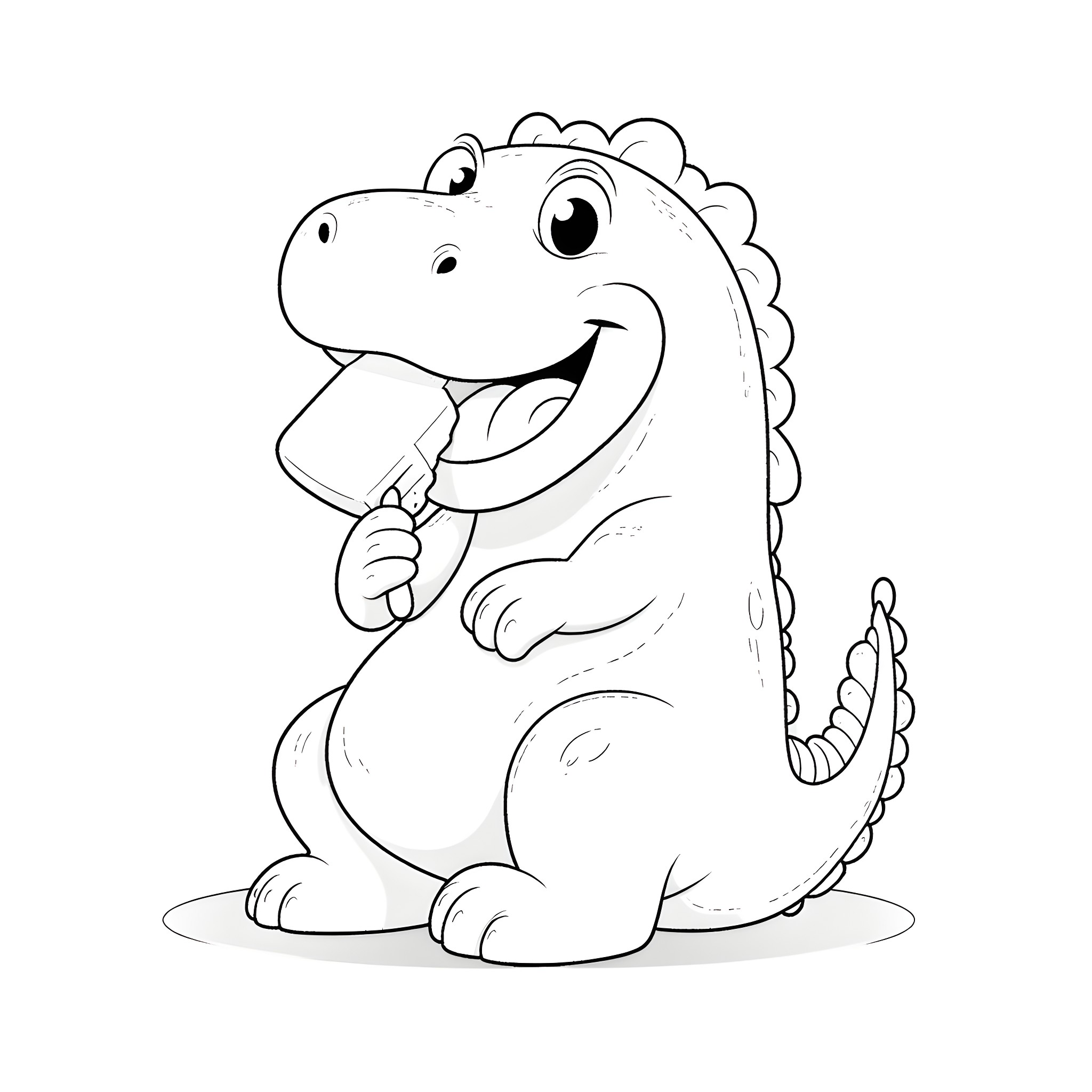 Dinosaur happily eating a popsicle Coloring Page (free black-and-white line drawing printable PDF for all, from beginners to advanced learners, including children, teens, adults, and seniors)