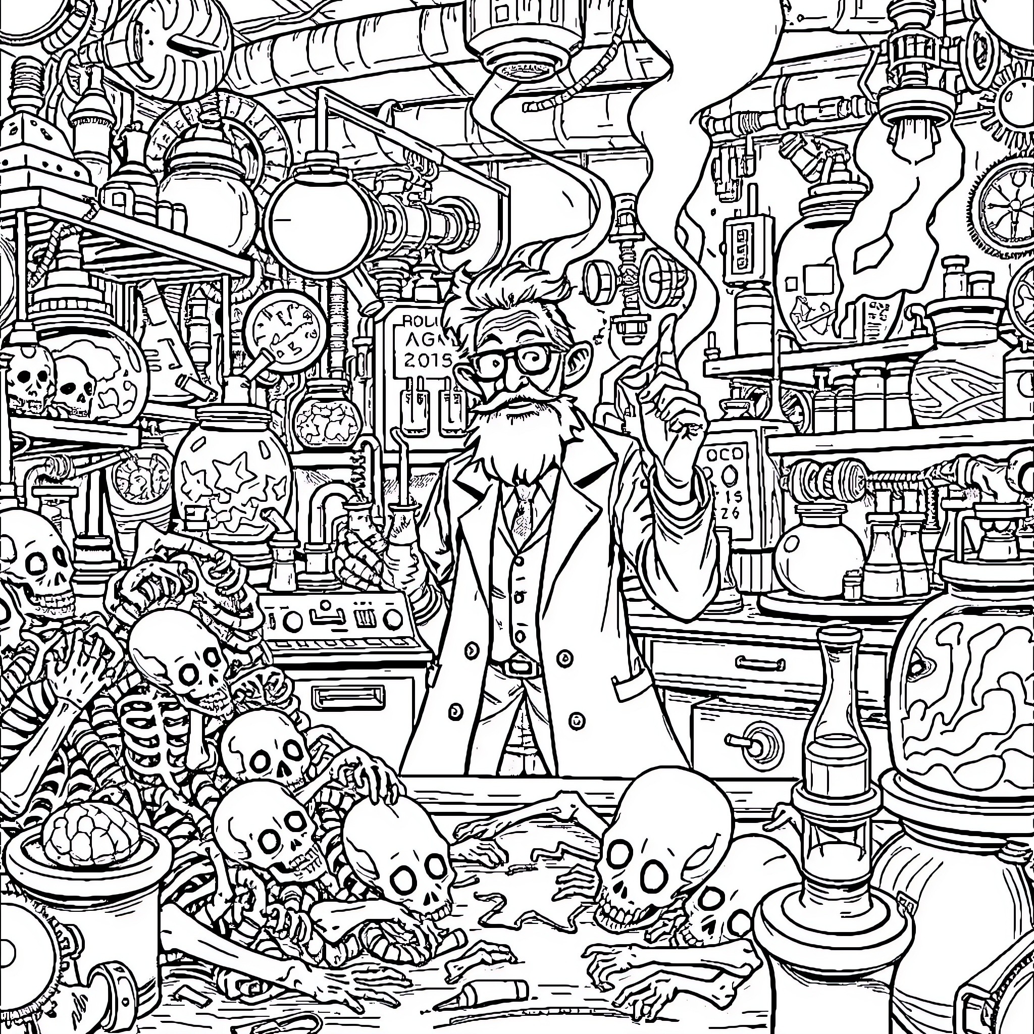Scientist surrounded by bizarre scientific apparatus Coloring Page (free black-and-white line drawing printable PDF for all, from beginners to advanced learners, including children, teens, adults, and seniors)