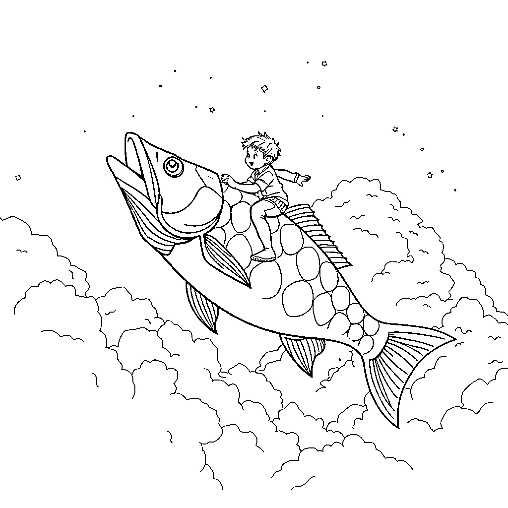 Boy riding a large fish in the sky Coloring Page (free black-and-white line drawing printable PDF for all, from beginners to advanced learners, including children, teens, adults, and seniors)