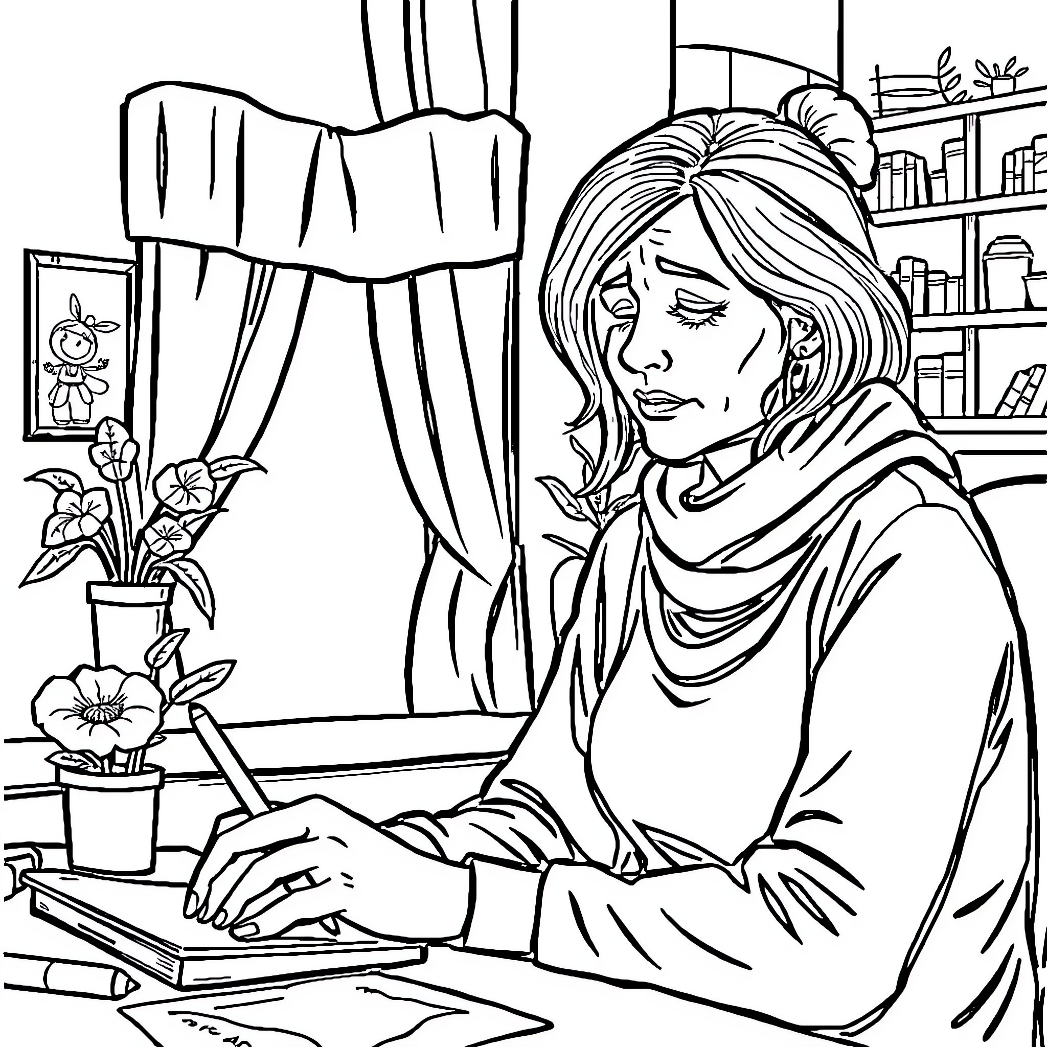 Therapist Providing Counseling in Her Office Coloring Page (free black-and-white line drawing printable PDF for all, from beginners to advanced learners, including children, teens, adults, and seniors)