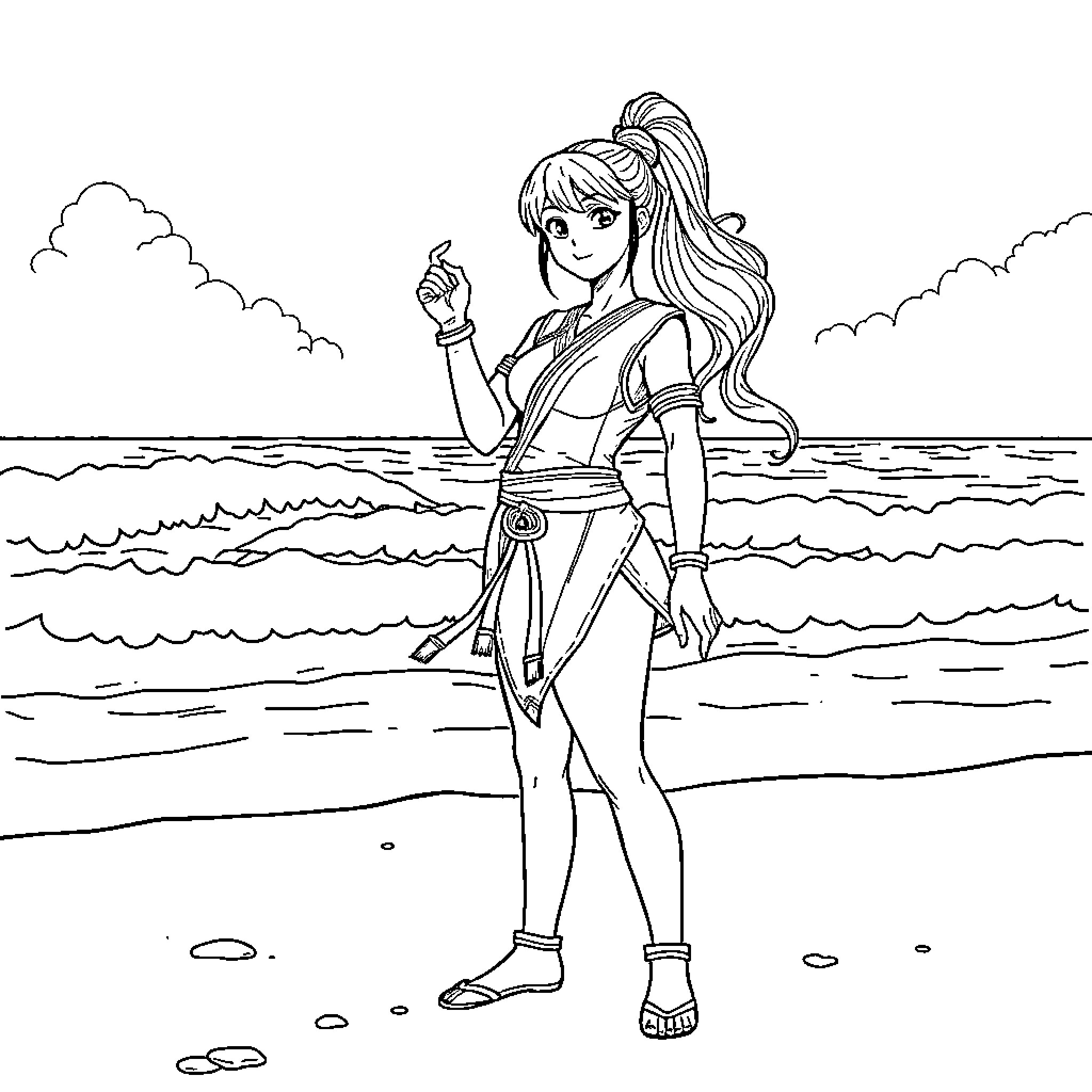 Nami posing confidently on the beach Coloring Page (free black-and-white line drawing printable PDF for all, from beginners to advanced learners, including children, teens, adults, and seniors)
