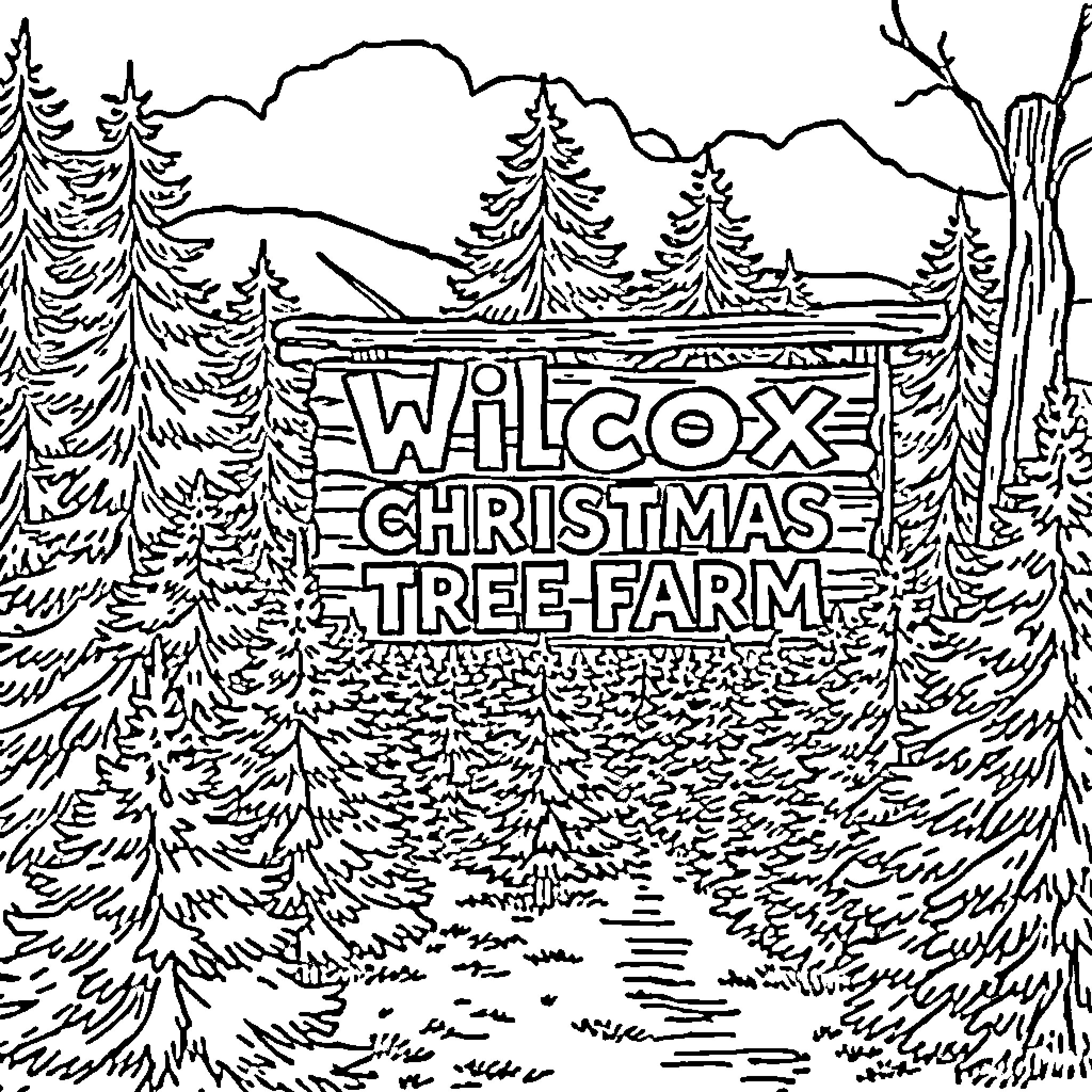 Christmas Tree Farm in the Snowy Woods Coloring Page (free black-and-white line drawing printable PDF for all, from beginners to advanced learners, including children, teens, adults, and seniors)