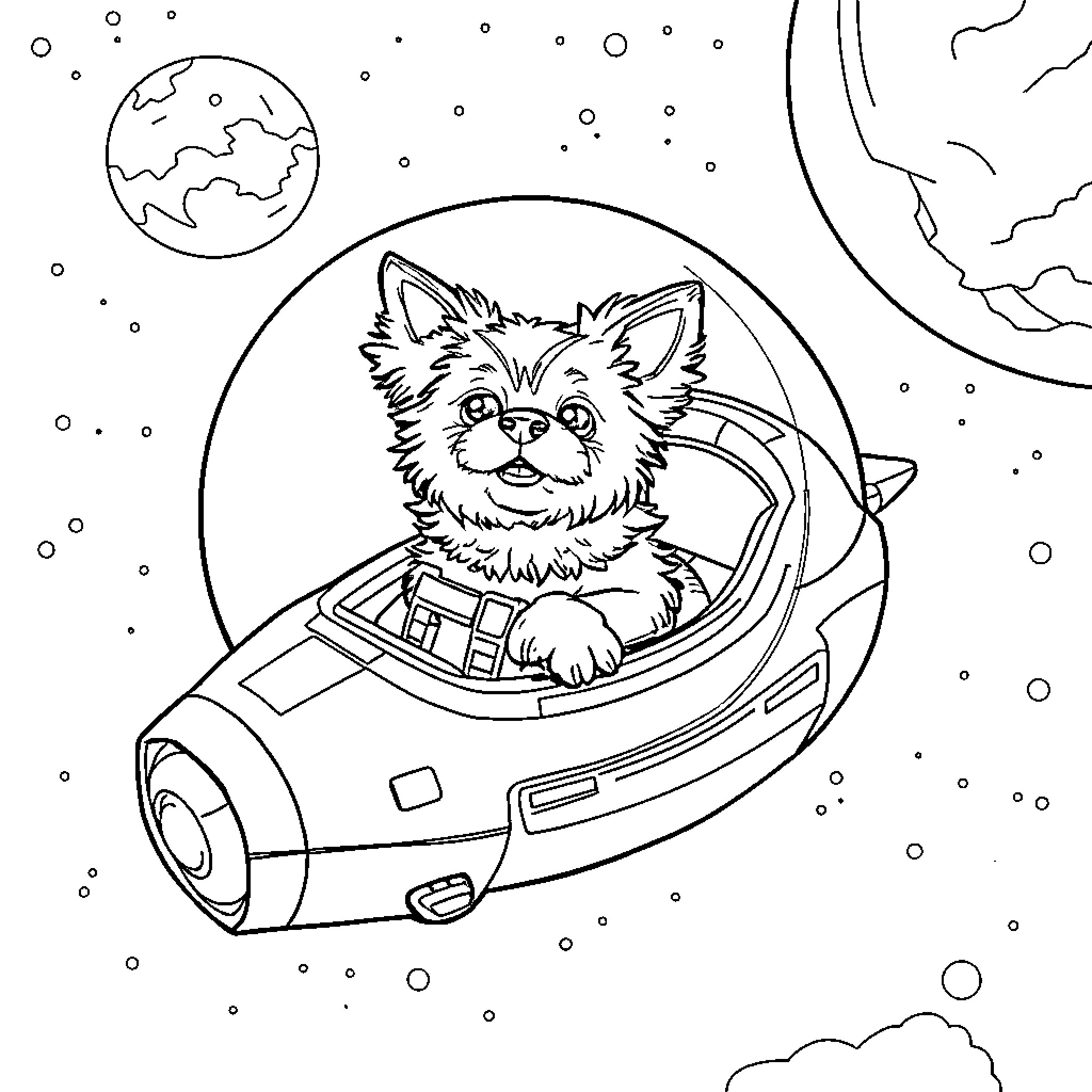 Dog traveling in a futuristic spacecraft Coloring Page (free black-and-white line drawing printable PDF for all, from beginners to advanced learners, including children, teens, adults, and seniors)