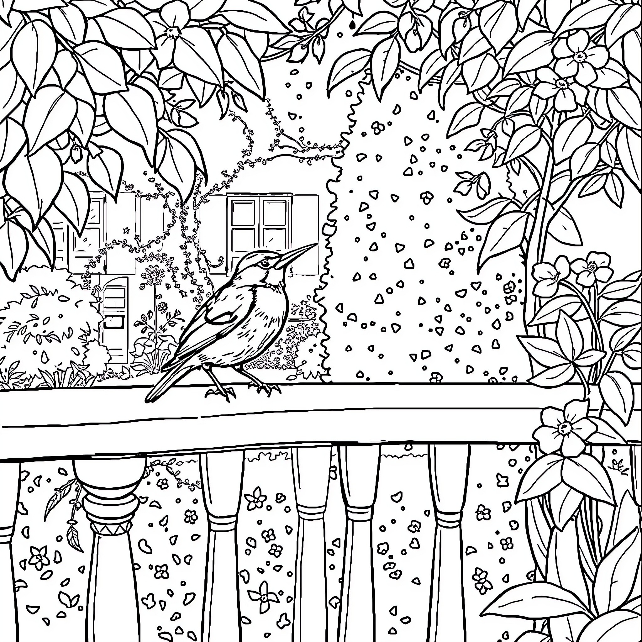 Ladybug in a beautiful floral garden Coloring Page (free black-and-white line drawing printable PDF for all, from beginners to advanced learners, including children, teens, adults, and seniors)
