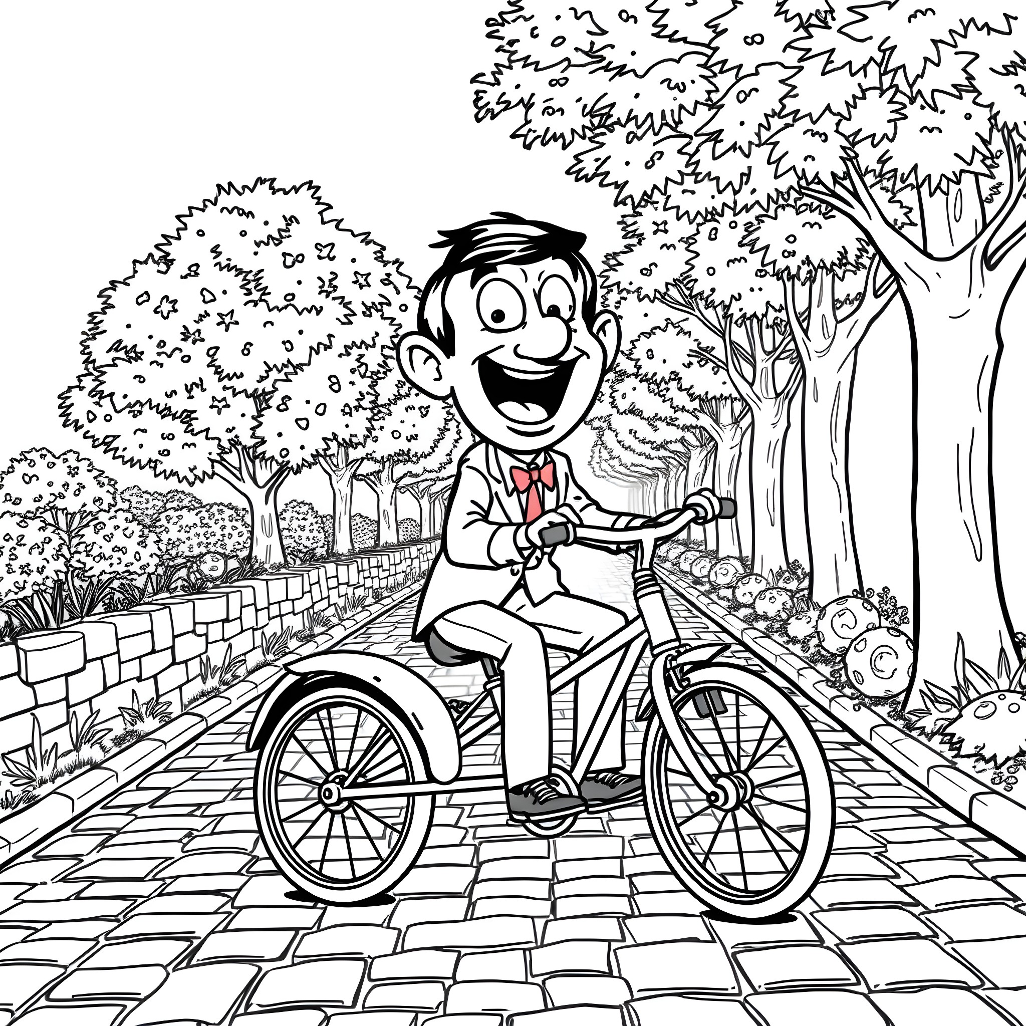 Mr Bean joyfully riding his bicycle in a scenic park Coloring Page (free black-and-white line drawing printable PDF for all, from beginners to advanced learners, including children, teens, adults, and seniors)