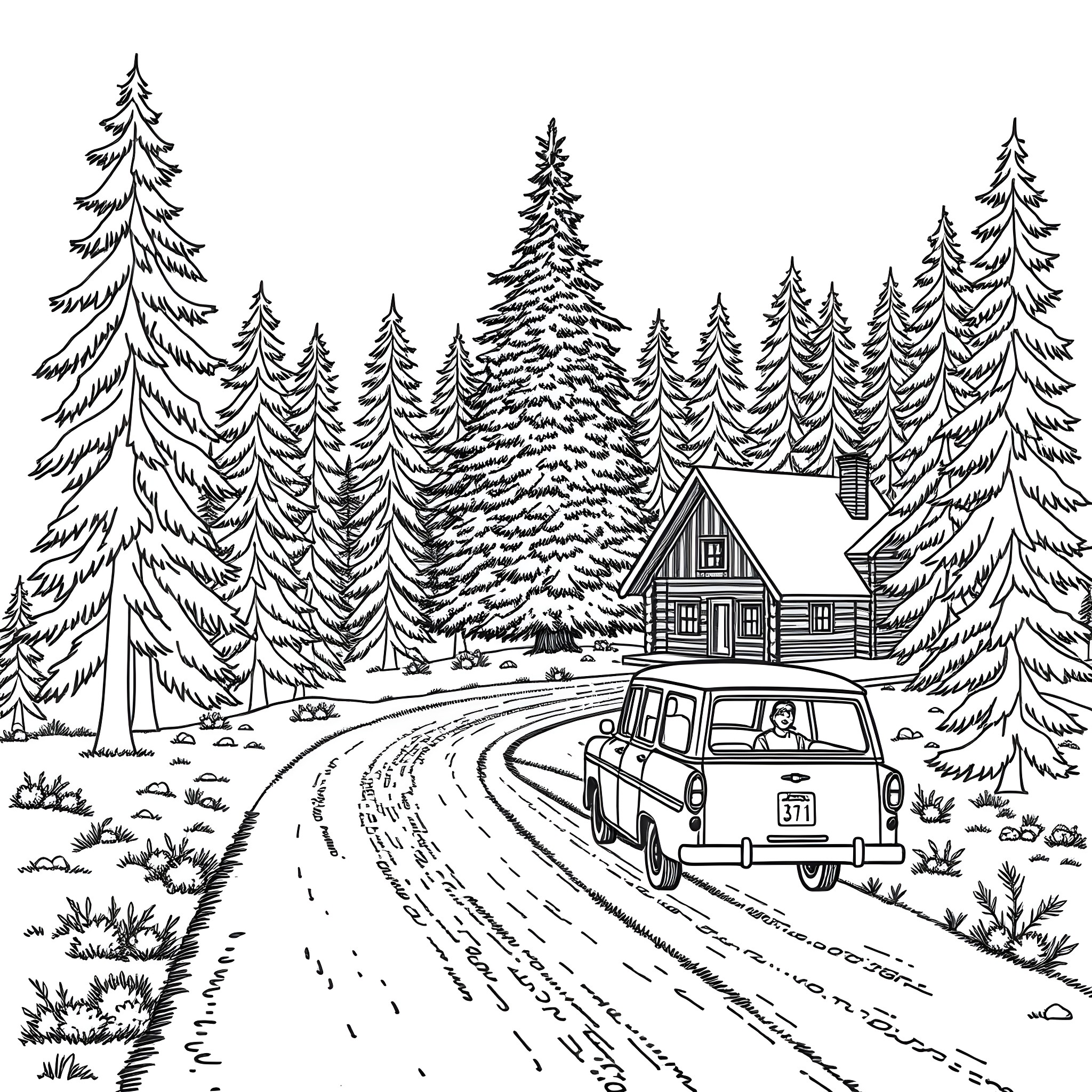 Stationwagon in the snowy forest near a cabin Coloring Page (free black-and-white line drawing printable PDF for all, from beginners to advanced learners, including children, teens, adults, and seniors)