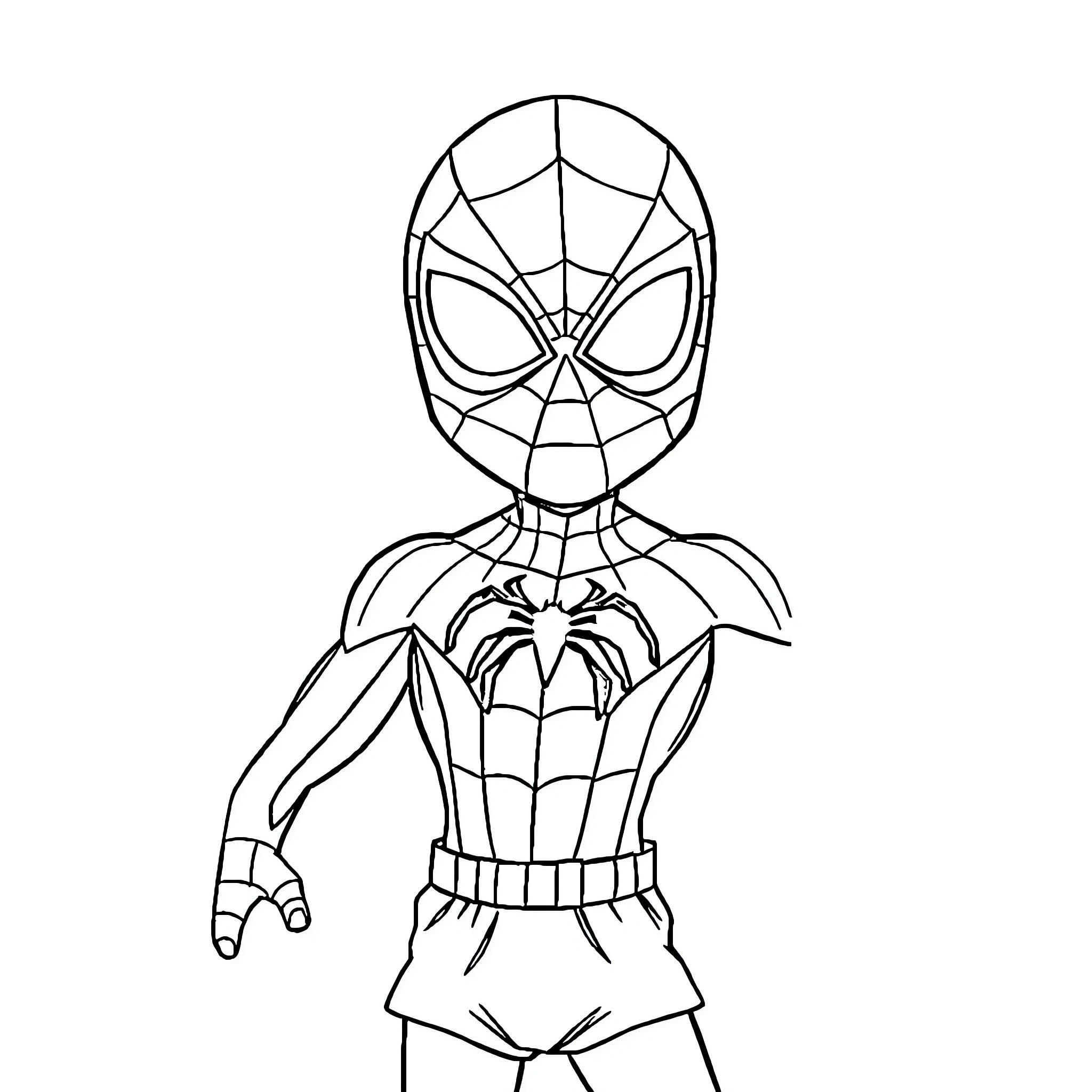 Spiderman in heroic pose Coloring Page (free black-and-white line drawing printable PDF for all, from beginners to advanced learners, including children, teens, adults, and seniors)