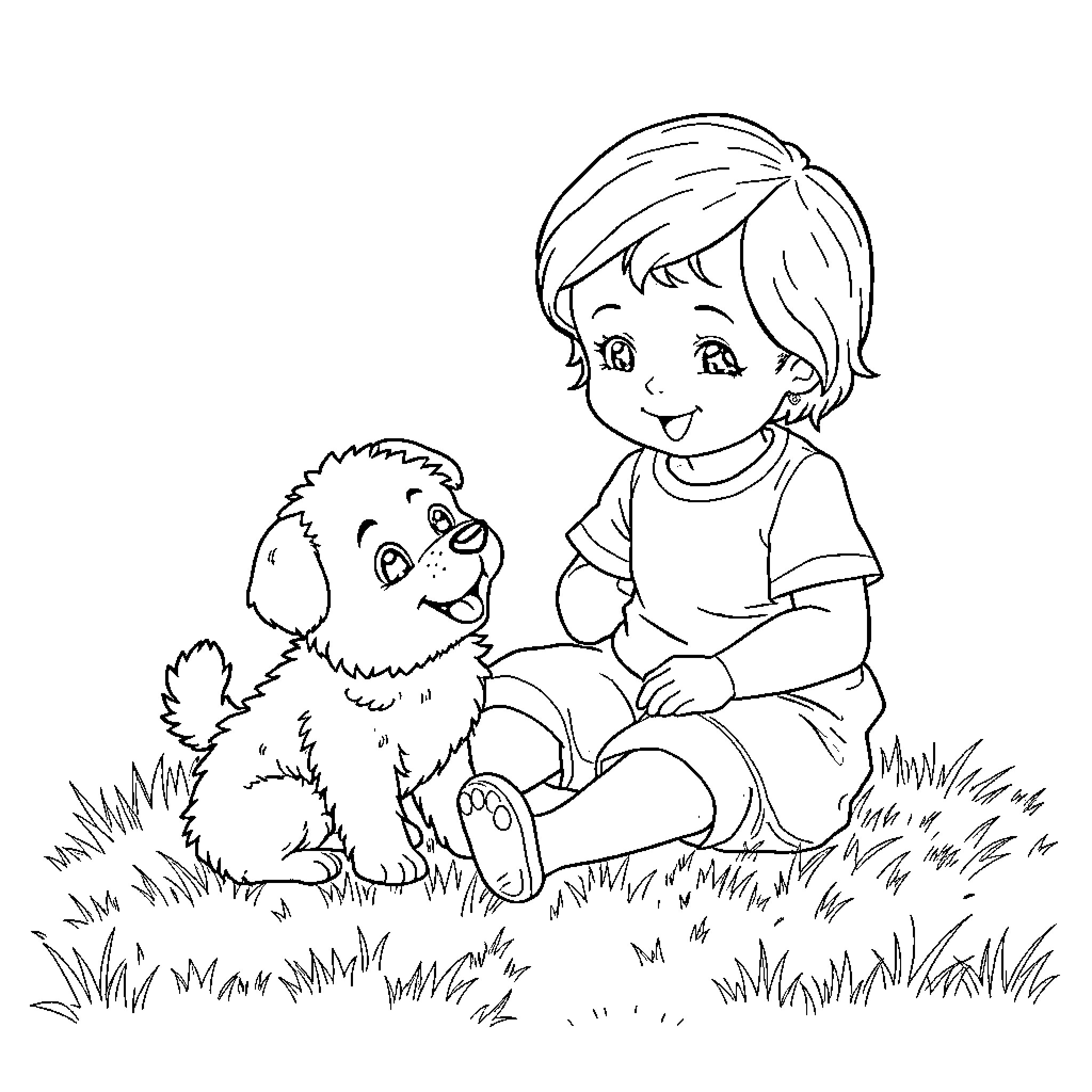Toddler playing with a puppy in the park Coloring Page (free black-and-white line drawing printable PDF for all, from beginners to advanced learners, including children, teens, adults, and seniors)