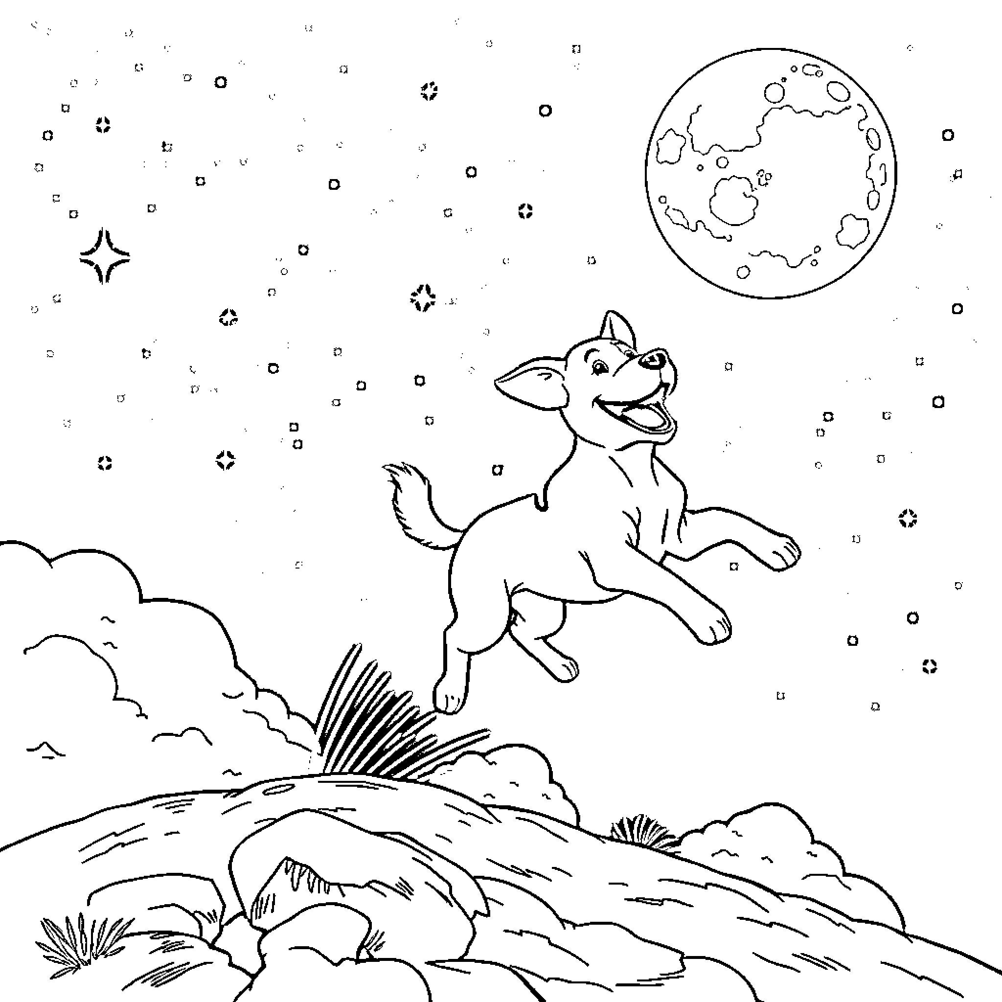 Dog playing under the starry night sky Coloring Page (free black-and-white line drawing printable PDF for all, from beginners to advanced learners, including children, teens, adults, and seniors)