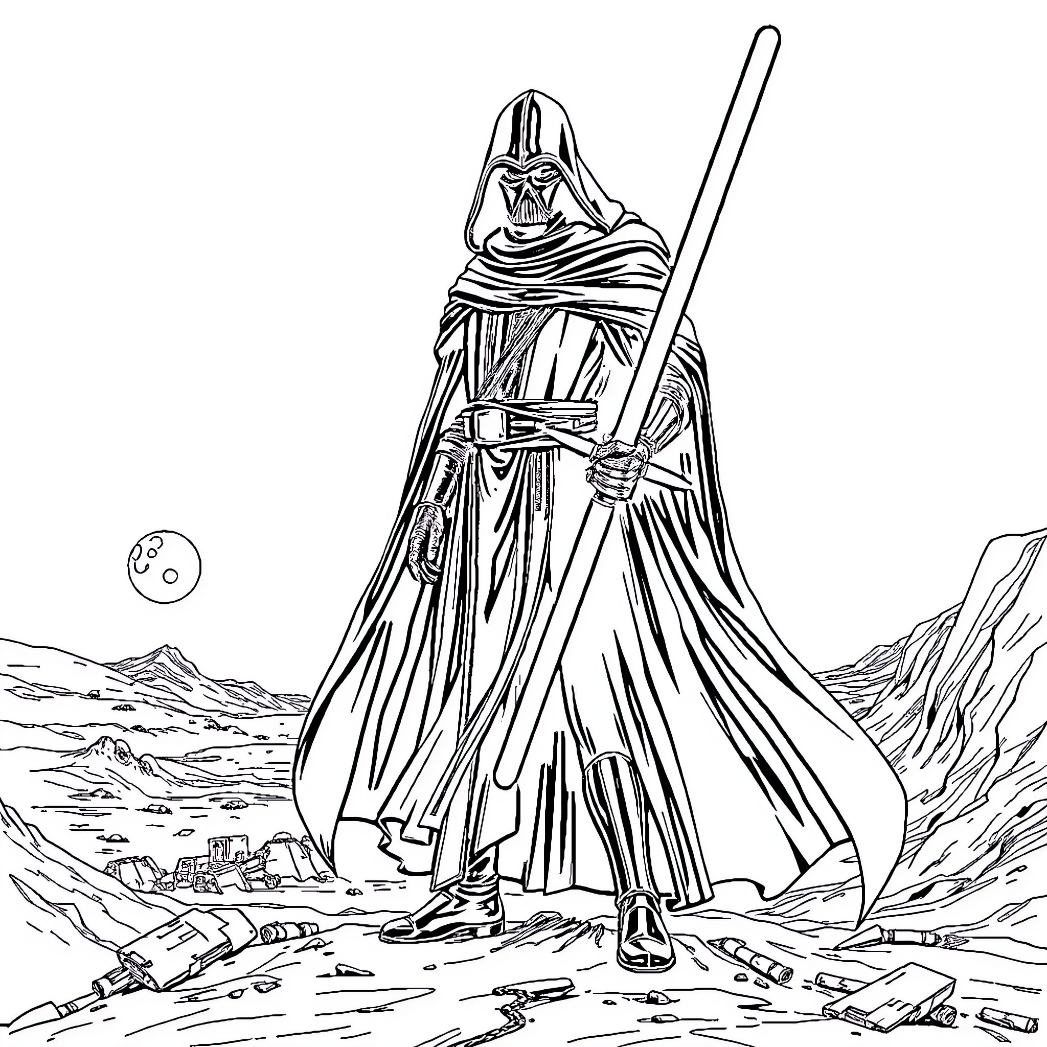 Darth Revan, Sith Lord, Stands Tall on Desolate Landscape Coloring Page (free black-and-white line drawing printable PDF for all, from beginners to advanced learners, including children, teens, adults, and seniors)