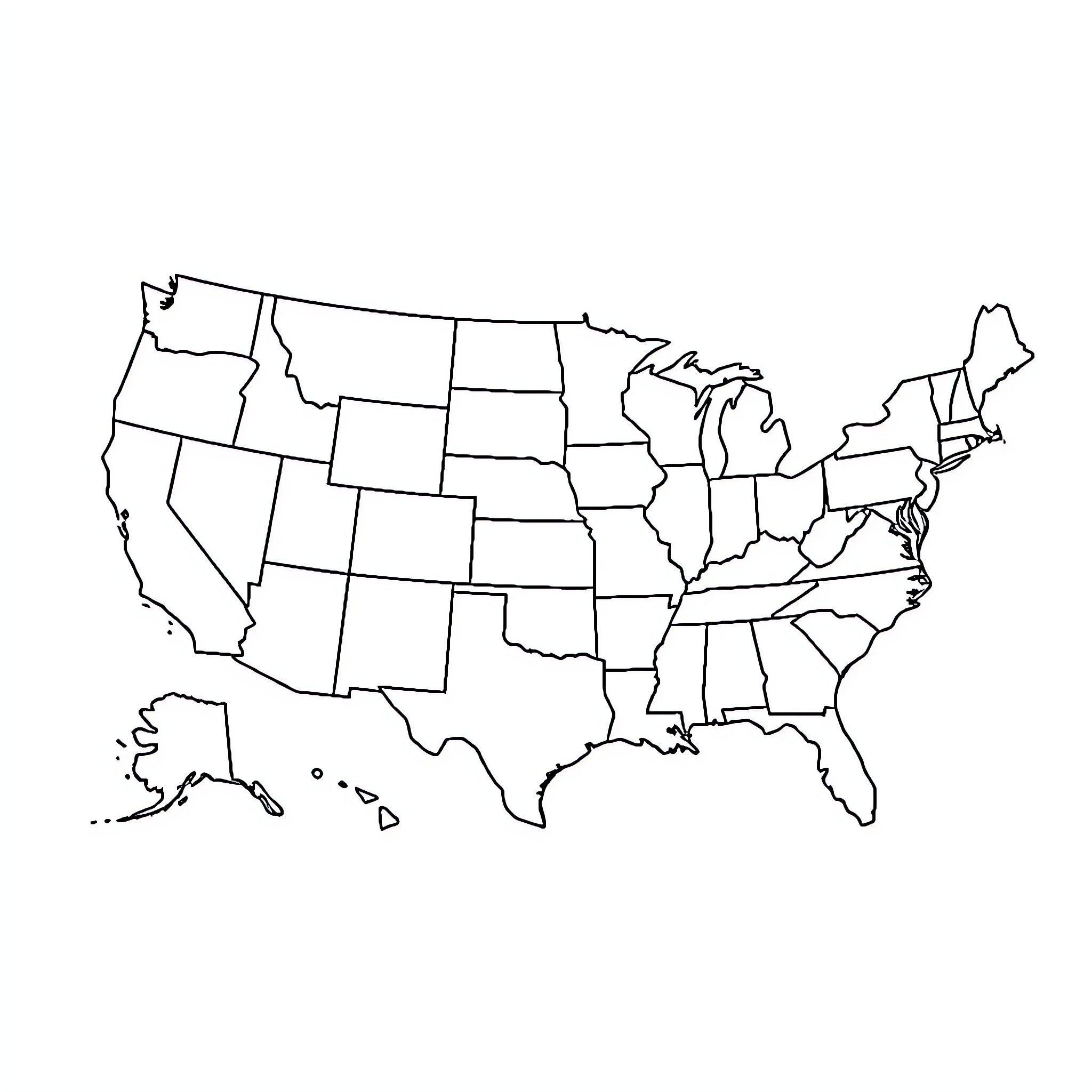 United States Outline Map Coloring Page (free black-and-white line drawing printable PDF for all, from beginners to advanced learners, including children, teens, adults, and seniors)