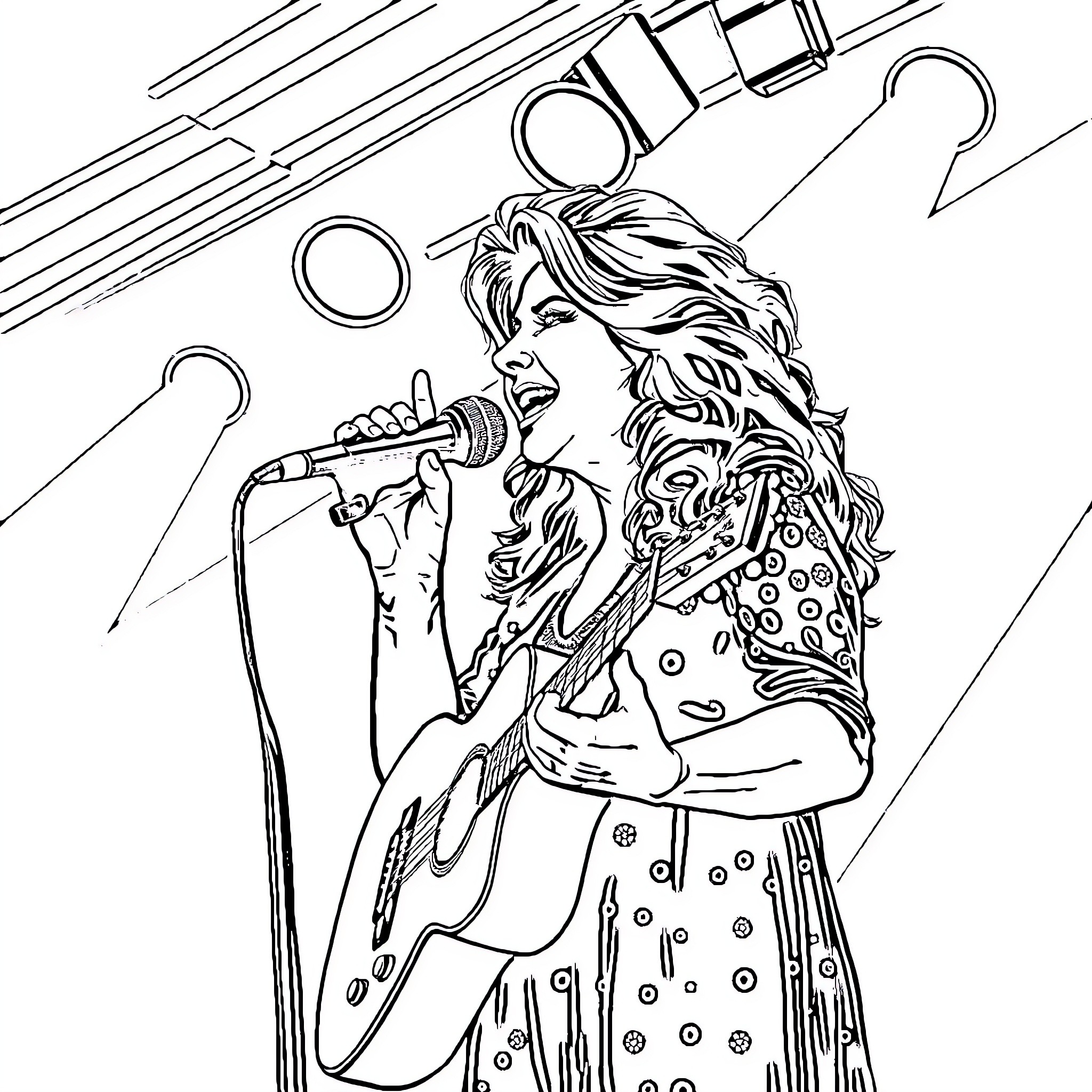 Shania Twain Performing on Stage with Microphone Coloring Page (free black-and-white line drawing printable PDF for all, from beginners to advanced learners, including children, teens, adults, and seniors)