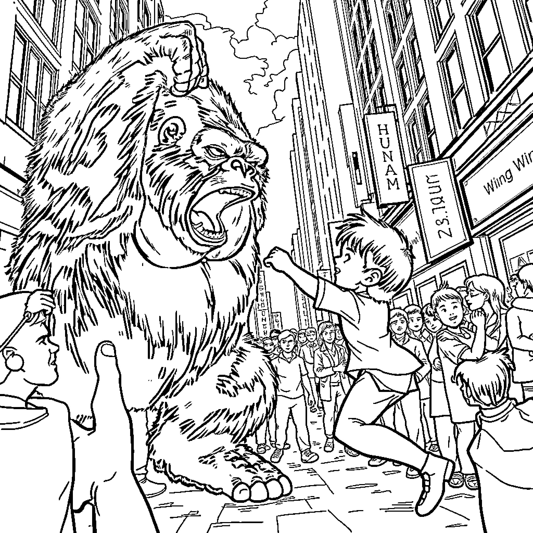 Heidy meets a giant monster in the city Coloring Page (free black-and-white line drawing printable PDF for all, from beginners to advanced learners, including children, teens, adults, and seniors)