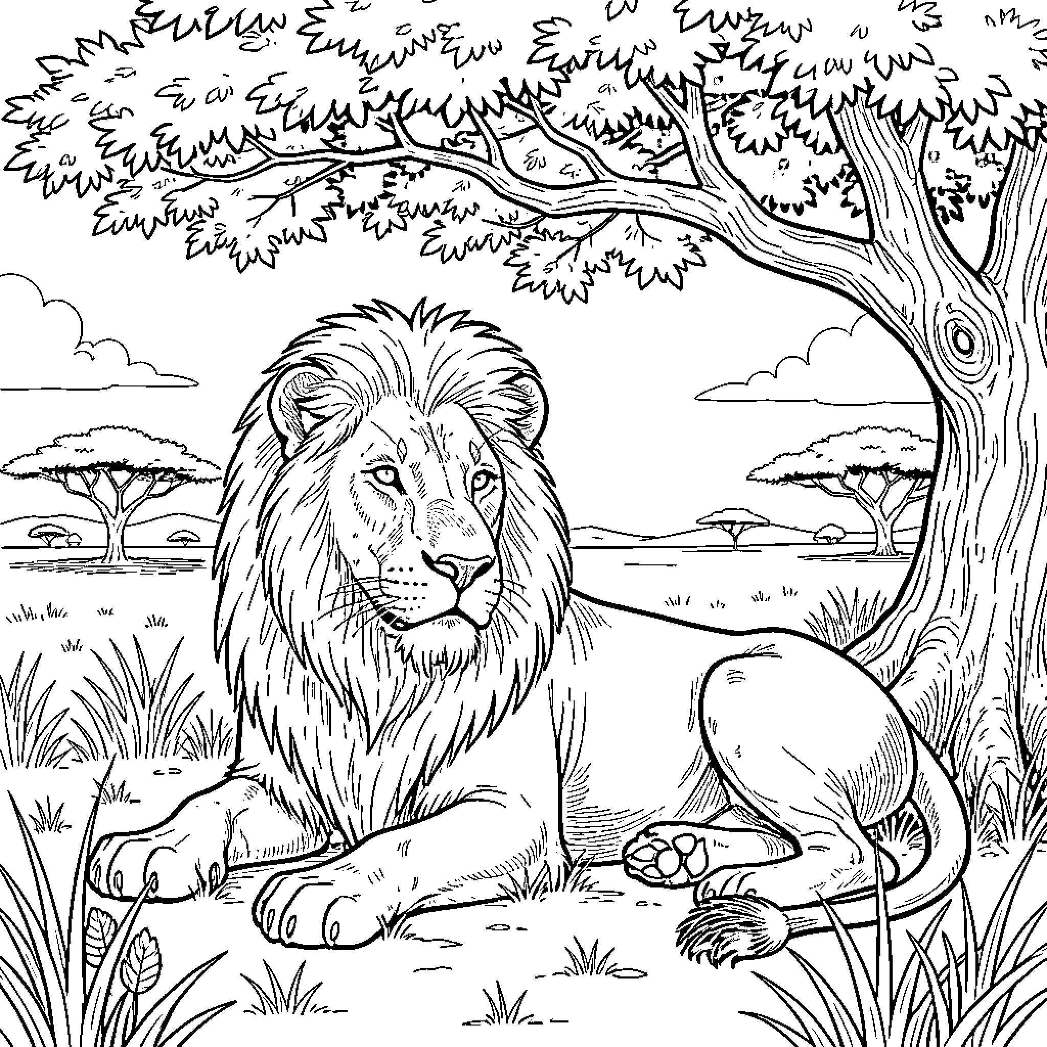 Lion resting peacefully in the African savanna Coloring Page (free black-and-white line drawing printable PDF for all, from beginners to advanced learners, including children, teens, adults, and seniors)