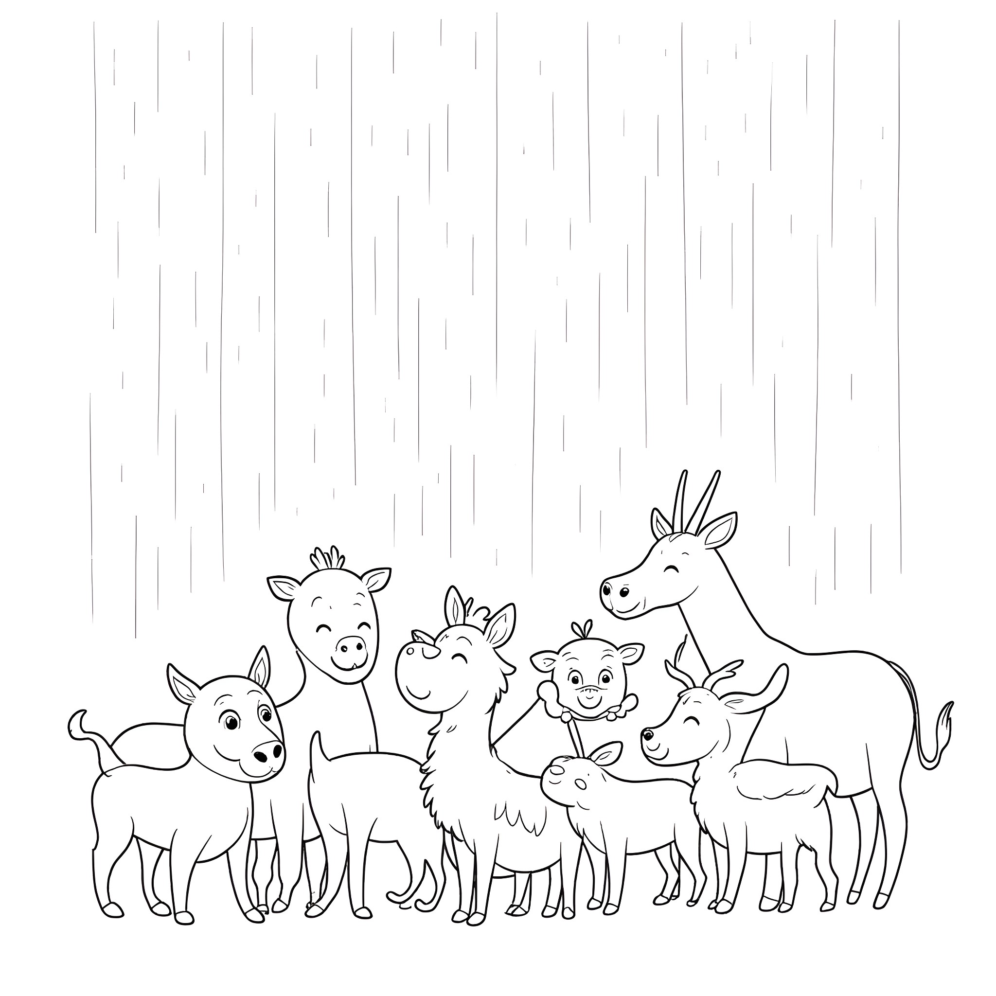 Animal friends in the rain Coloring Page (free black-and-white line drawing printable PDF for all, from beginners to advanced learners, including children, teens, adults, and seniors)