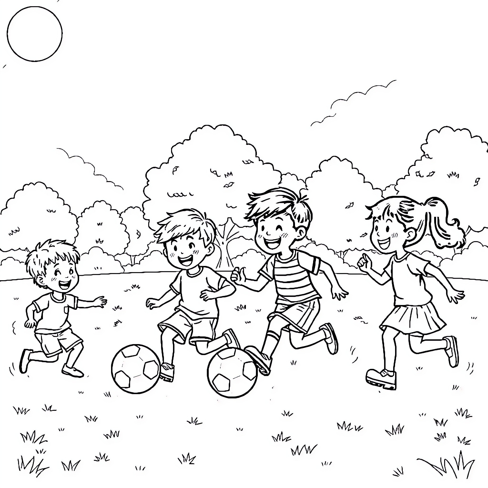 Tralalero Children Playing Soccer in the Park Coloring Page (free black-and-white line drawing printable PDF for all, from beginners to advanced learners, including children, teens, adults, and seniors)