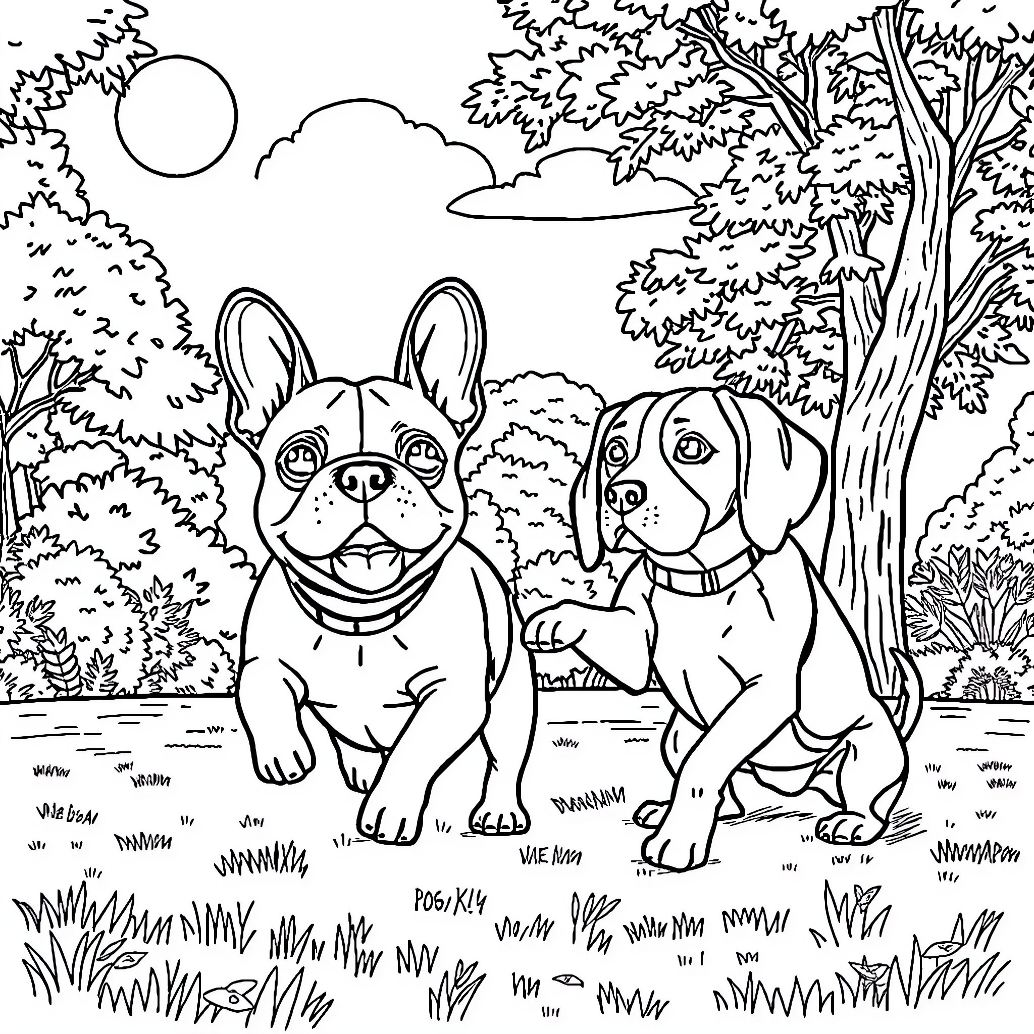 Dog friends enjoying the outdoors Coloring Page (free black-and-white line drawing printable PDF for all, from beginners to advanced learners, including children, teens, adults, and seniors)