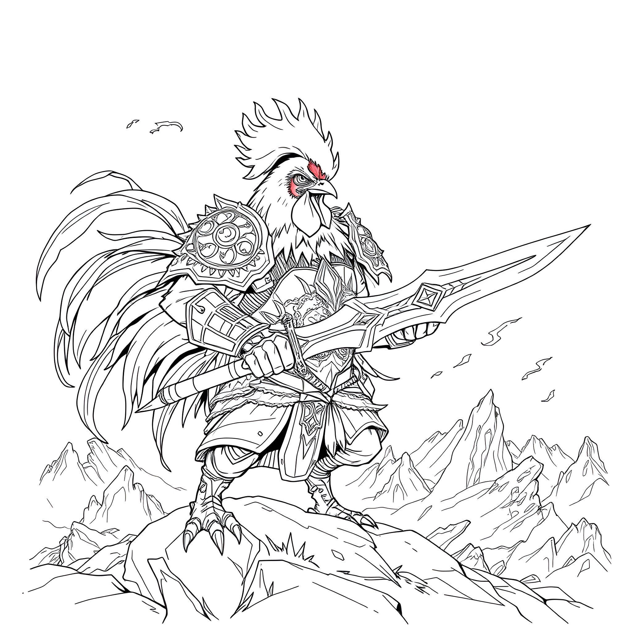 Chicken warrior with intricate armor amidst mountainous landscape Coloring Page (free black-and-white line drawing printable PDF for all, from beginners to advanced learners, including children, teens, adults, and seniors)
