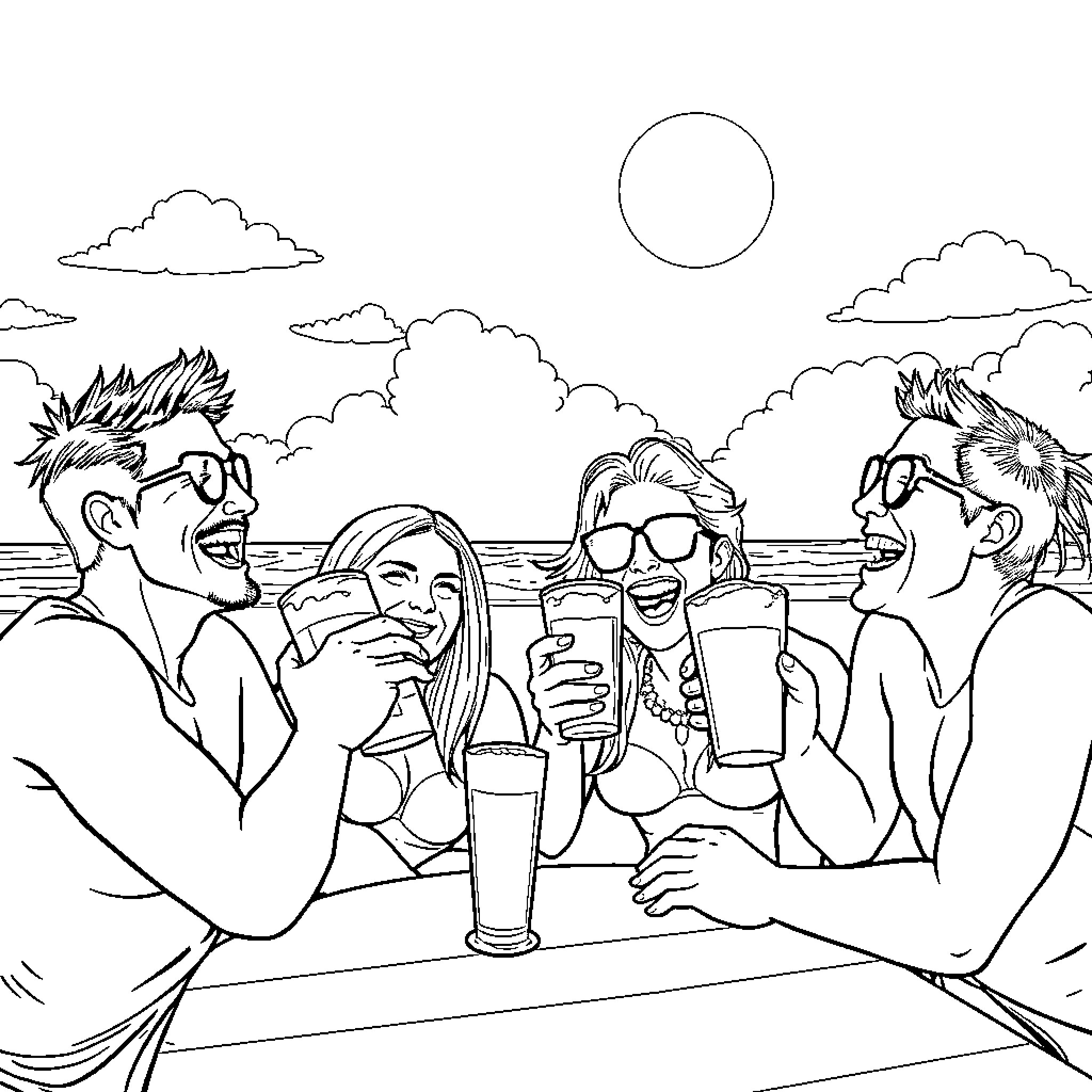 Idiots enjoying drinks on the beach Coloring Page (free black-and-white line drawing printable PDF for all, from beginners to advanced learners, including children, teens, adults, and seniors)