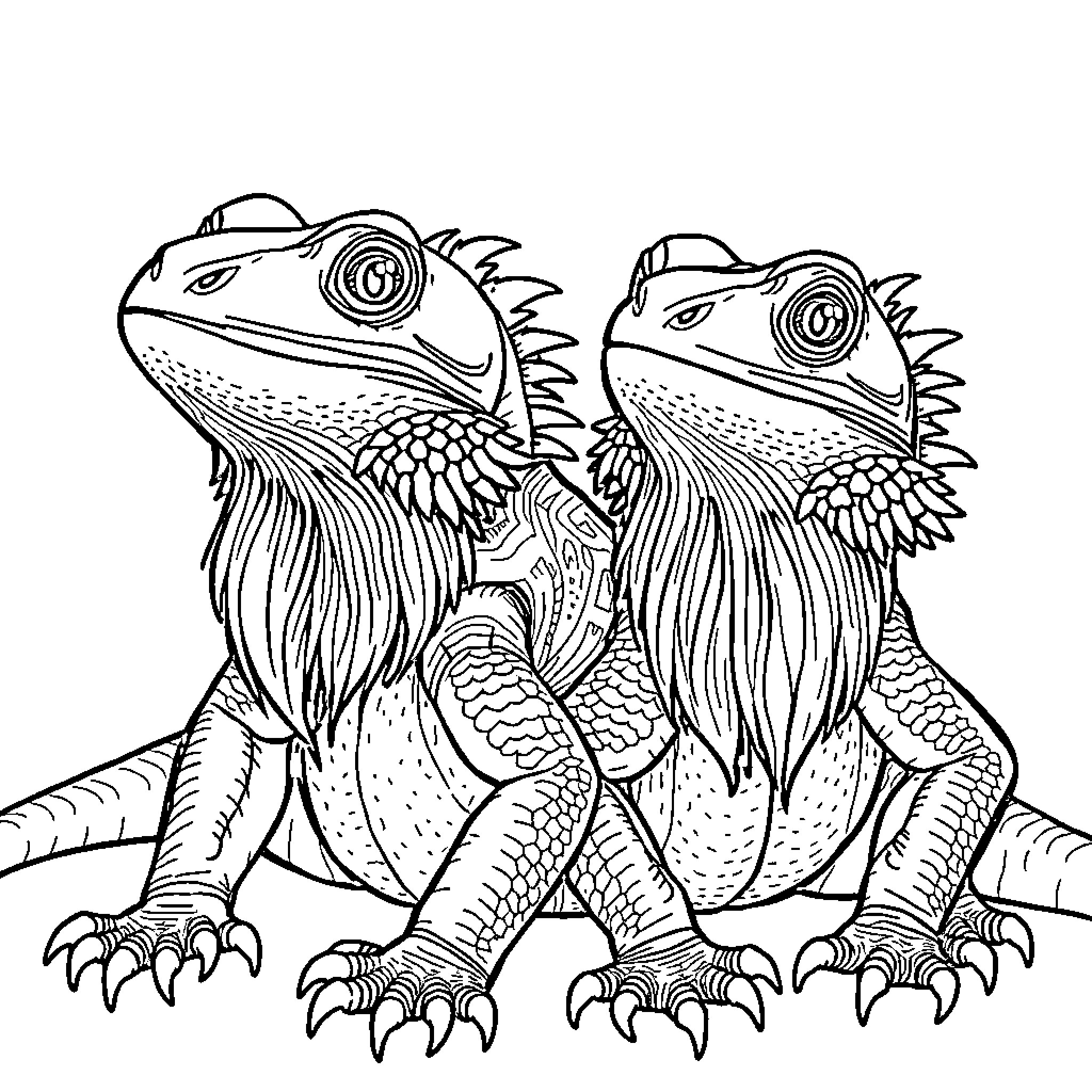 Bearded Dragons Facing Each Other Coloring Page (free black-and-white line drawing printable PDF for all, from beginners to advanced learners, including children, teens, adults, and seniors)