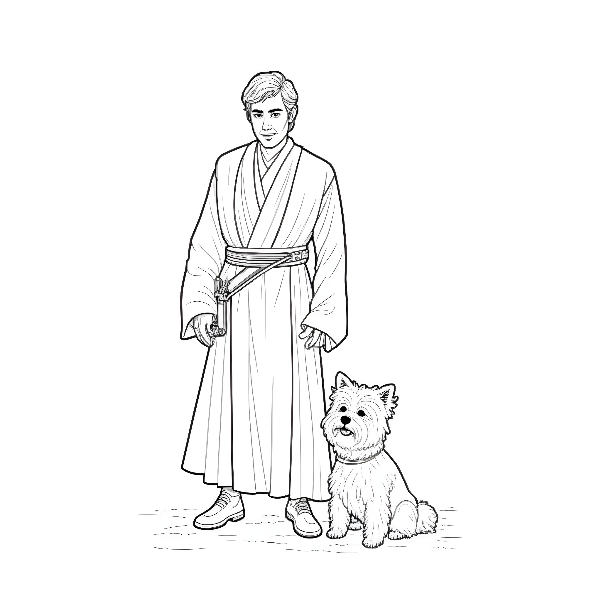 Obi-Wan and his loyal companion on an adventure Coloring Page (free black-and-white line drawing printable PDF for all, from beginners to advanced learners, including children, teens, adults, and seniors)