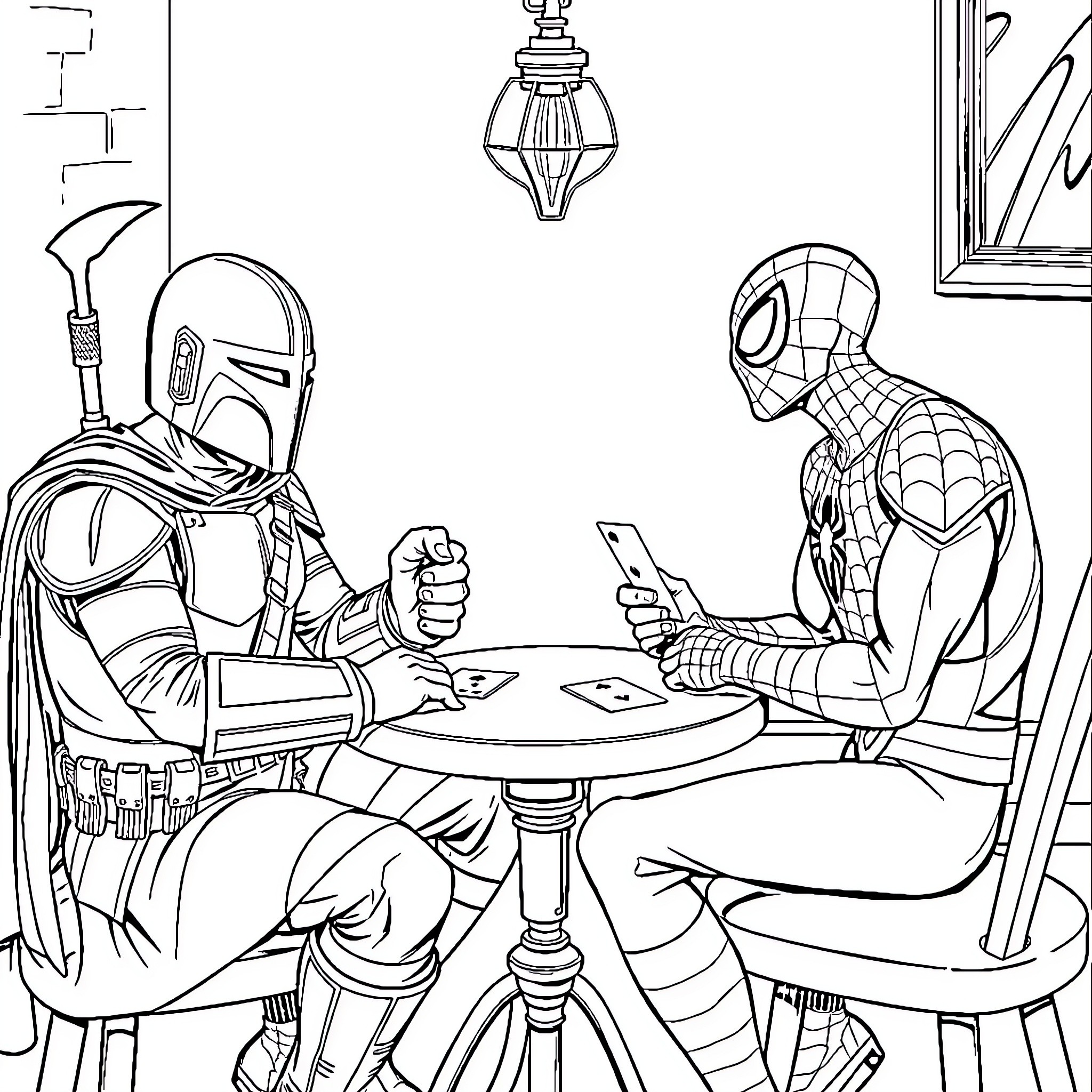 Mandalorian and Spider-Man in a casual meeting Coloring Page (free black-and-white line drawing printable PDF for all, from beginners to advanced learners, including children, teens, adults, and seniors)