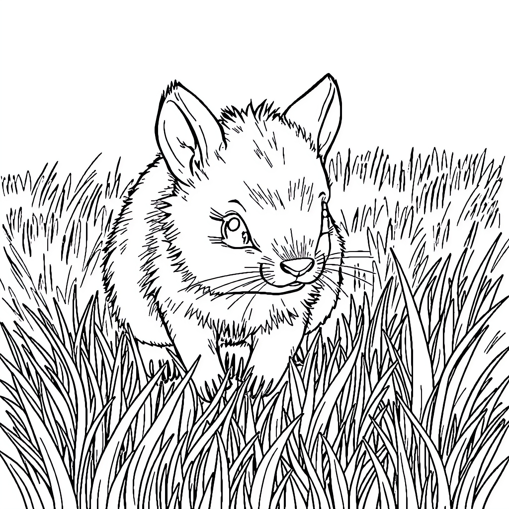 Animal playing in the tall grass Coloring Page (free black-and-white line drawing printable PDF for all, from beginners to advanced learners, including children, teens, adults, and seniors)