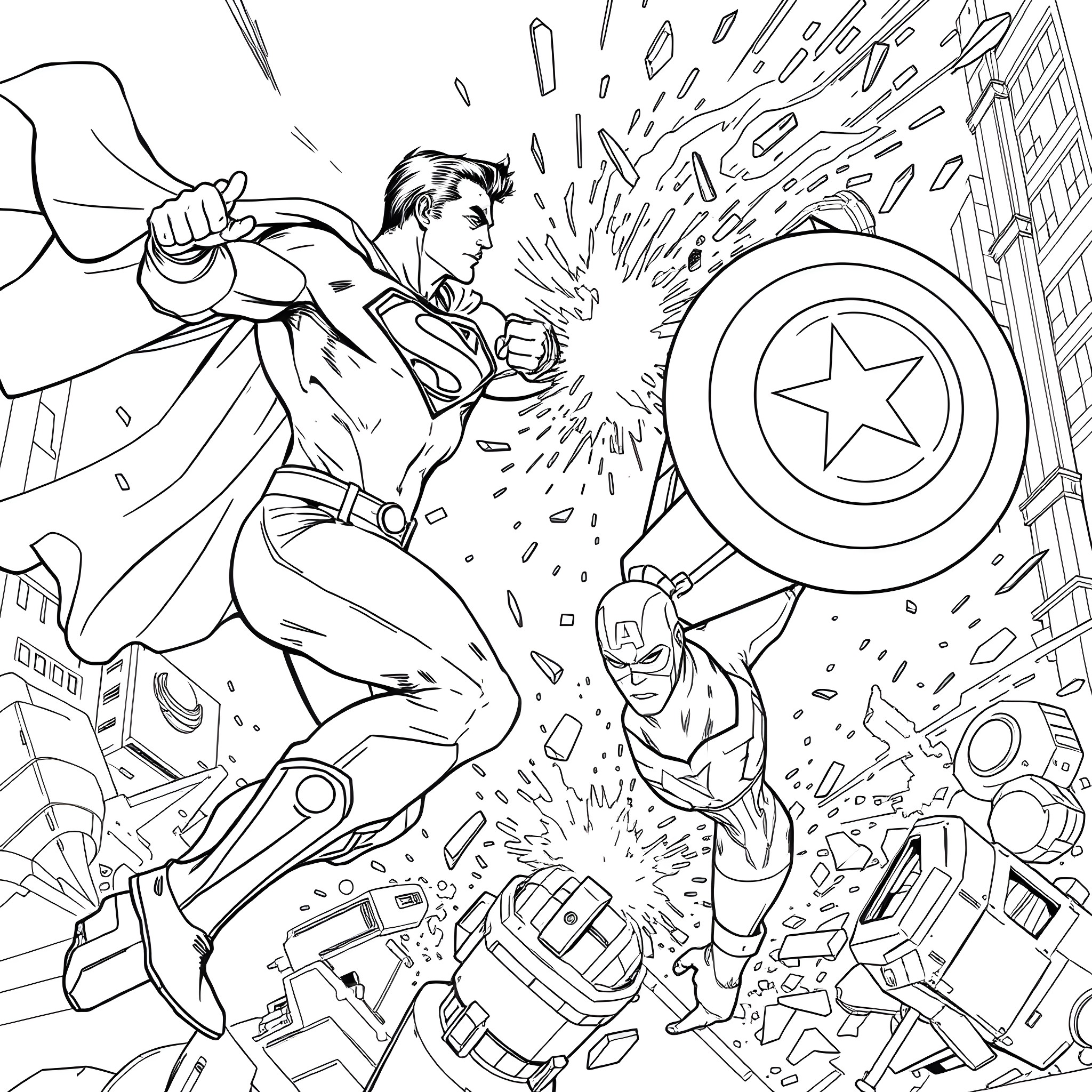 Superman battling with Captain America in the city Coloring Page (free black-and-white line drawing printable PDF for all, from beginners to advanced learners, including children, teens, adults, and seniors)