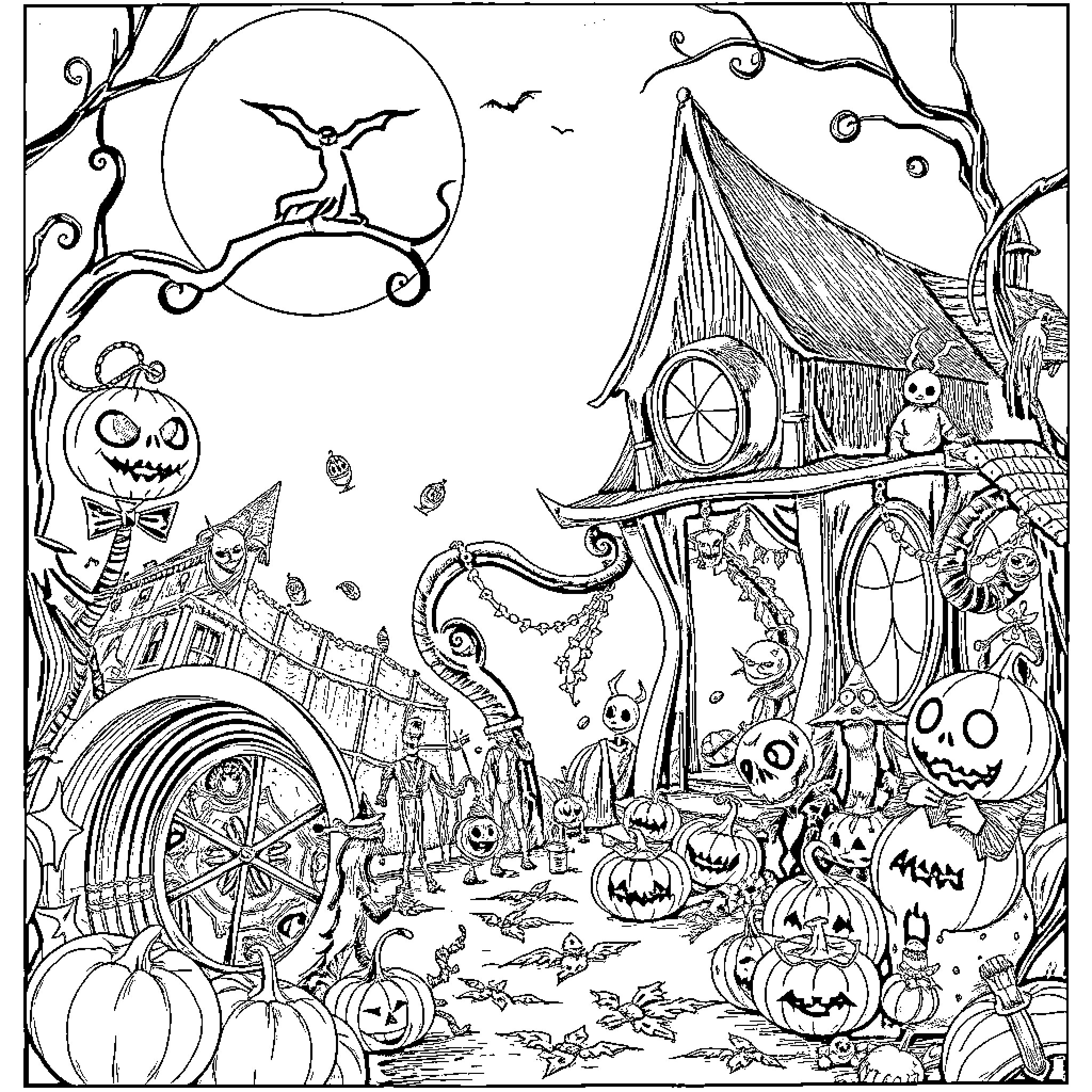 Halloween Haunted House with Spooky Decorations Coloring Page (free black-and-white line drawing printable PDF for all, from beginners to advanced learners, including children, teens, adults, and seniors)
