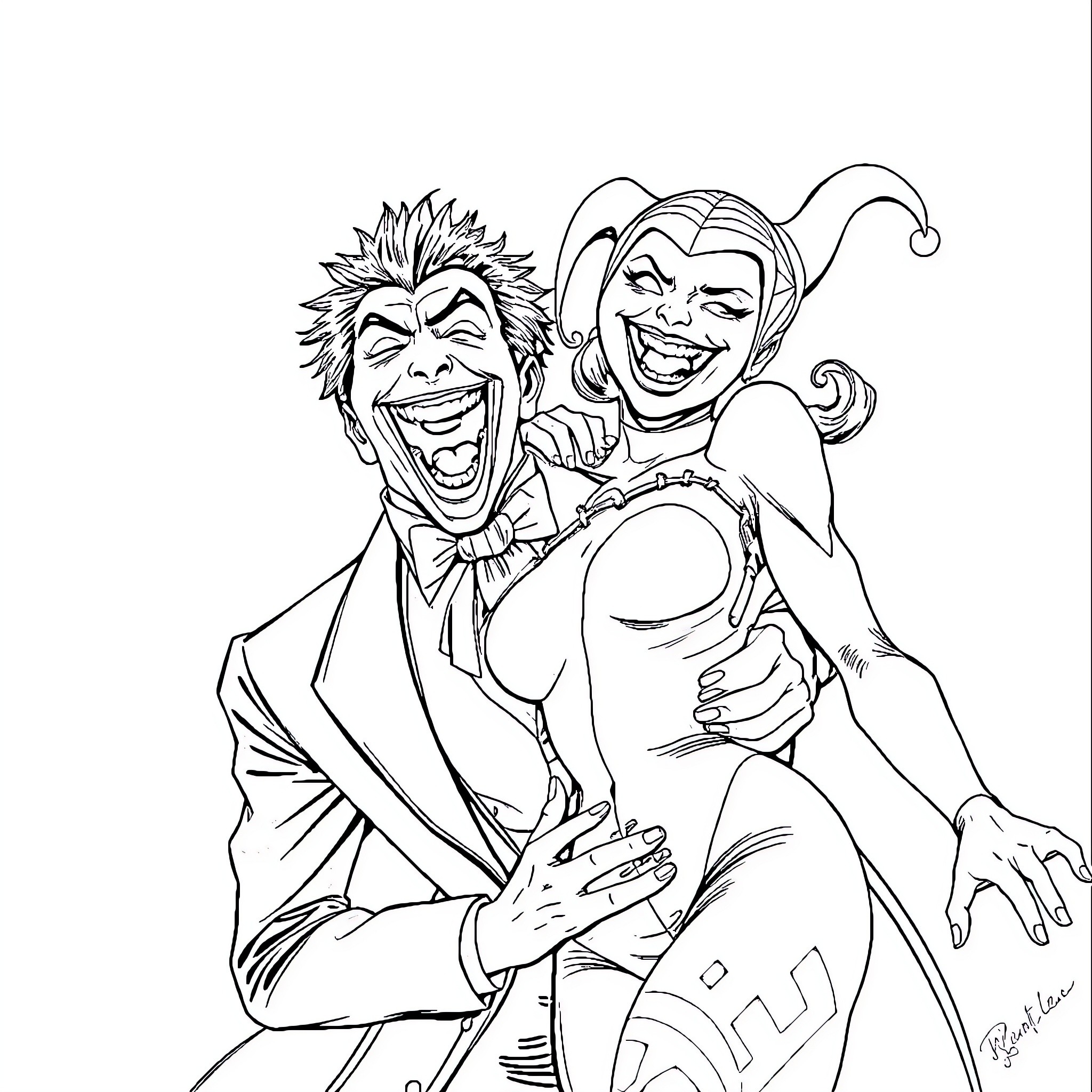 Joker and Companion Embracing Joyfully Coloring Page (free black-and-white line drawing printable PDF for all, from beginners to advanced learners, including children, teens, adults, and seniors)