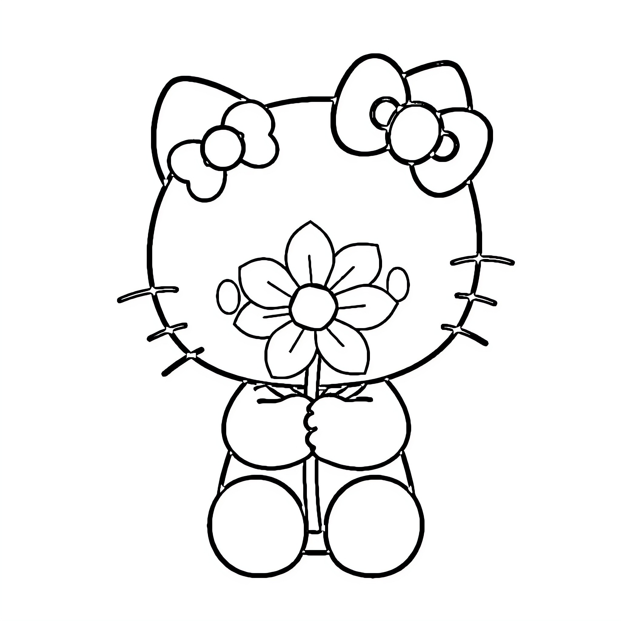 Hello Kitty Holding a Flower Coloring Page (free black-and-white line drawing printable PDF for all, from beginners to advanced learners, including children, teens, adults, and seniors)