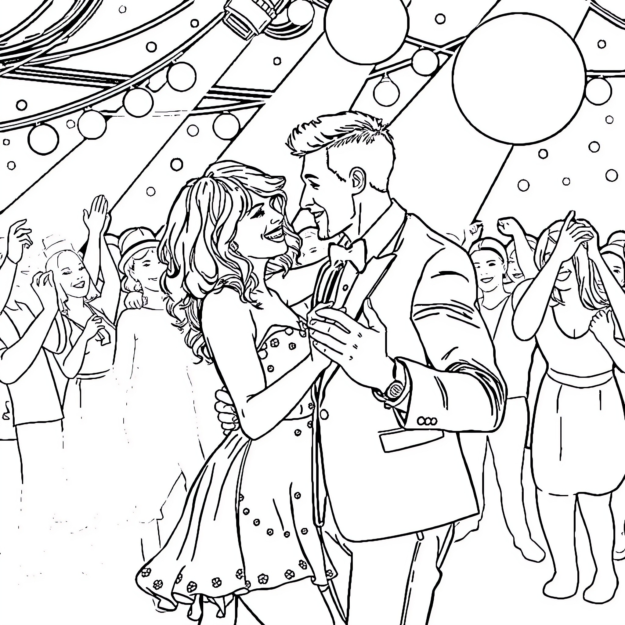 Taylor Swift at a glamorous event with her partner Coloring Page (free black-and-white line drawing printable PDF for all, from beginners to advanced learners, including children, teens, adults, and seniors)