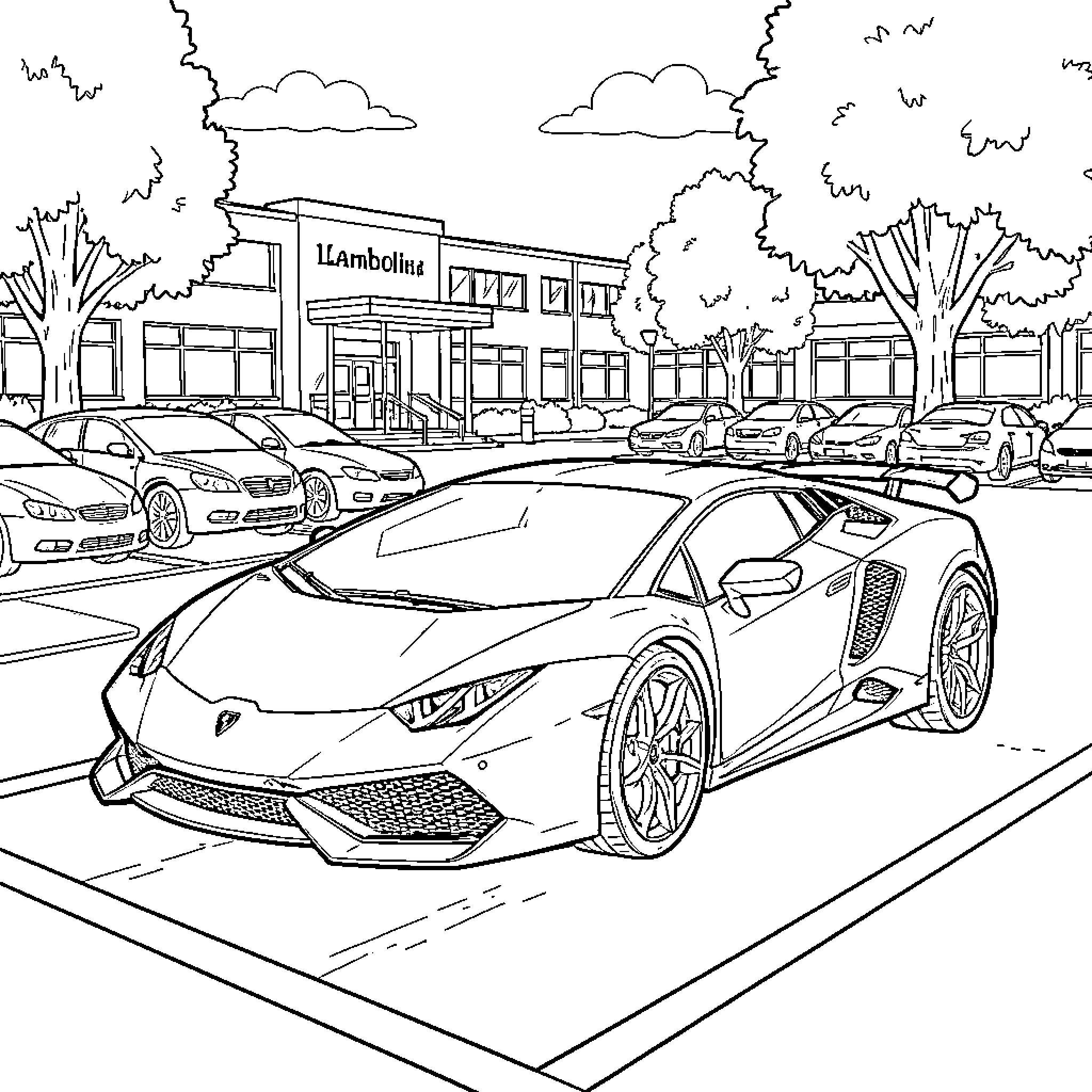 Lamborghini parked in a modern urban parking lot Coloring Page (free black-and-white line drawing printable PDF for all, from beginners to advanced learners, including children, teens, adults, and seniors)