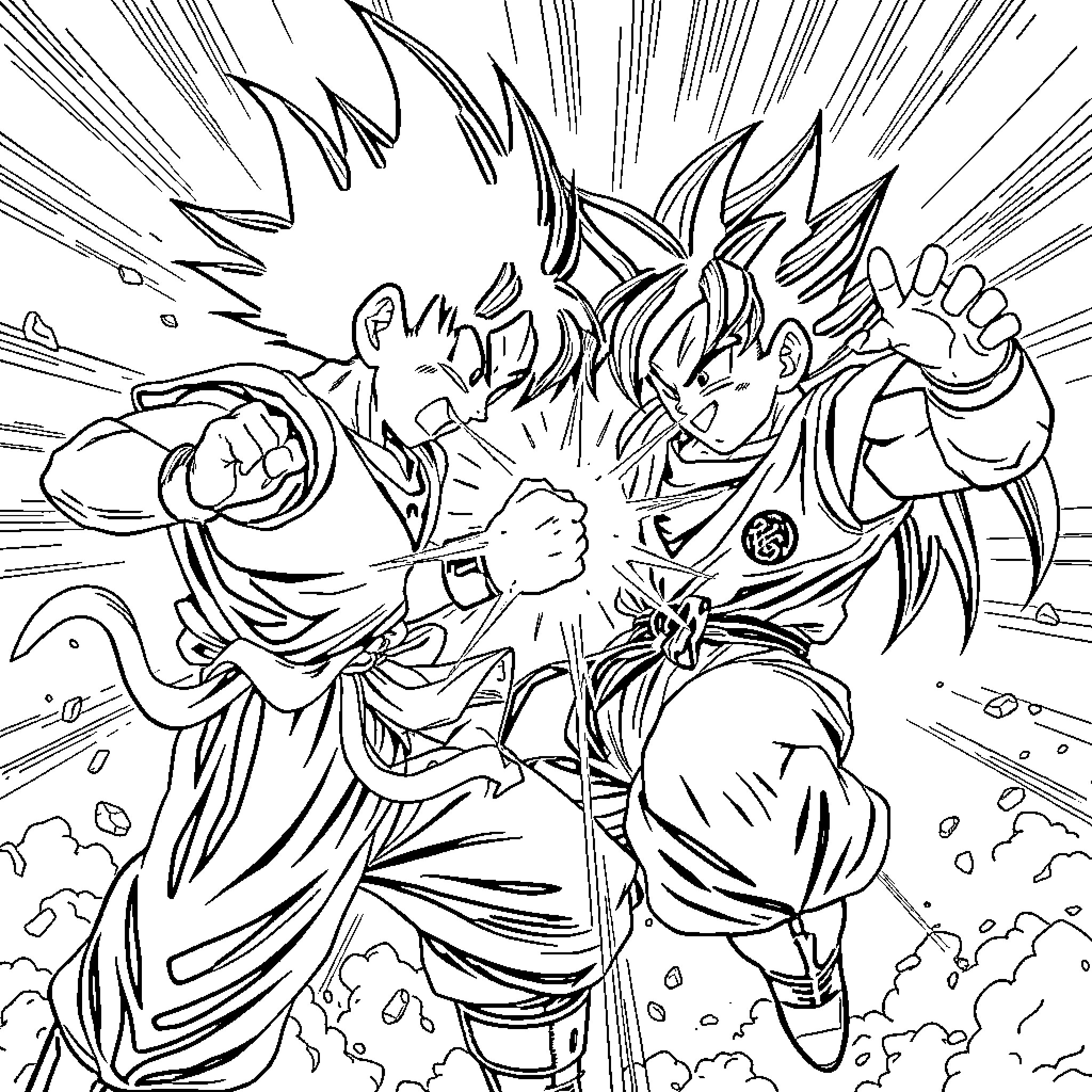 Deku characters in intense battle scene Coloring Page (free black-and-white line drawing printable PDF for all, from beginners to advanced learners, including children, teens, adults, and seniors)